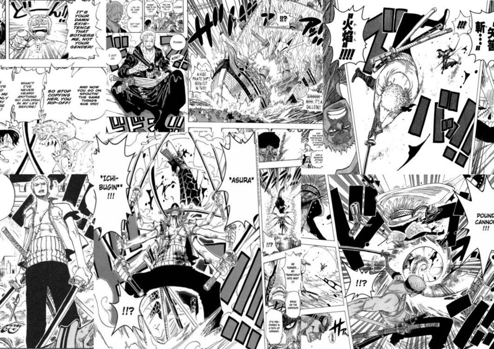 漫畫gif 桌布 壁紙 — 動態黑白漫畫格描繪激烈的劍鬥和戲劇性的角色表情，並帶有醒目的音效。