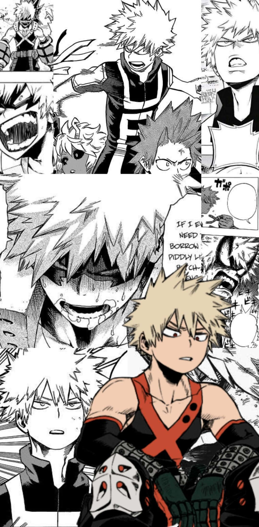 桌布 壁紙 — 動態黑白漫畫面板， featuring Bakugo 在激烈動作姿勢中，帶有表情豐富的臉和對話氣泡。