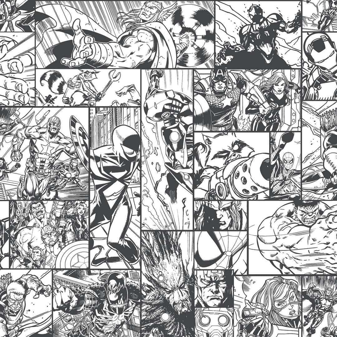 Black And White Comic 桌布 壁紙 — 動態黑白漫畫面板，以網格佈局展示Marvel超級英雄的動作姿勢。