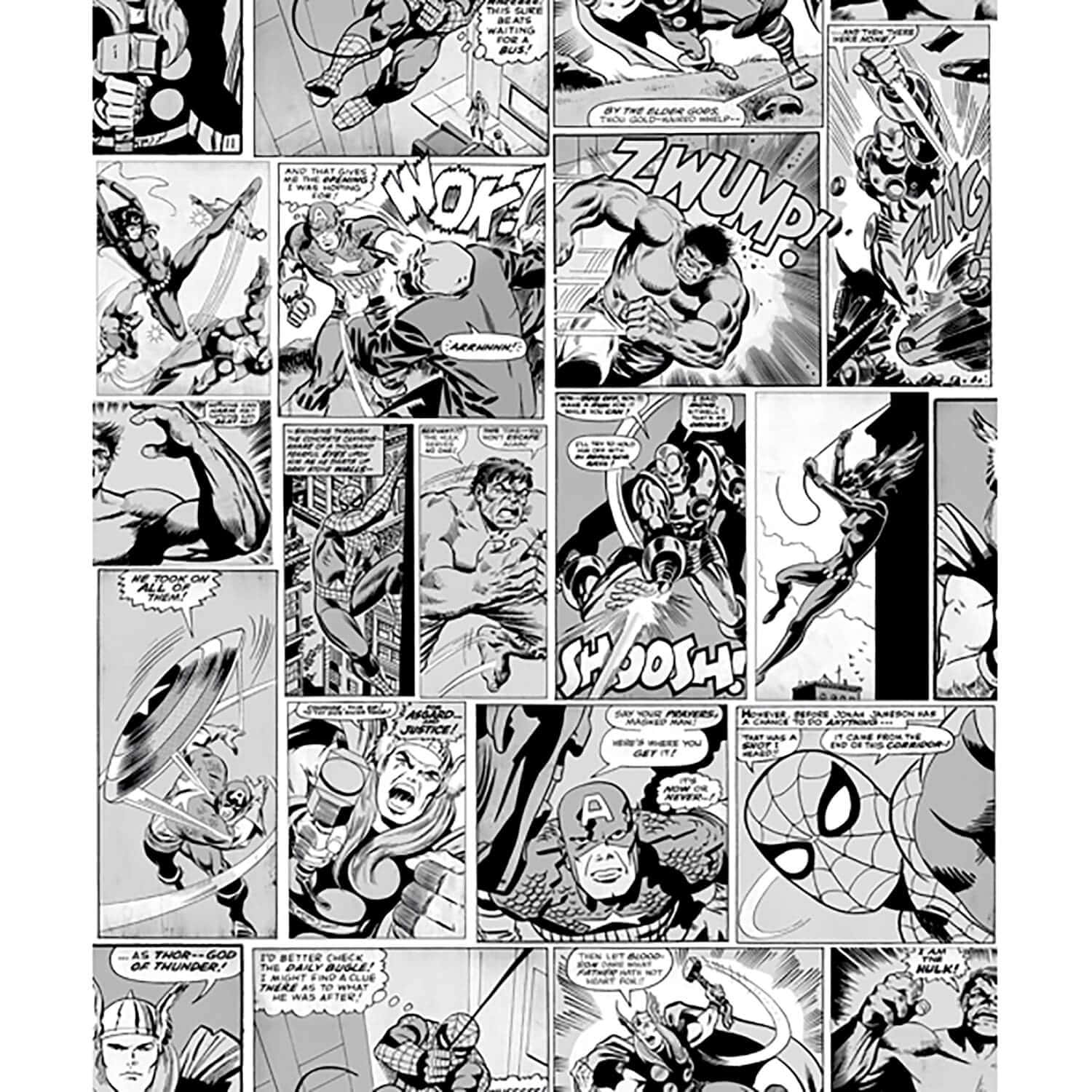 Marvel Comic Book 桌布 壁紙 — 動態黑白漫畫面板，展示超級英雄的動作場面，配以大膽音效和富有表現力的對話。