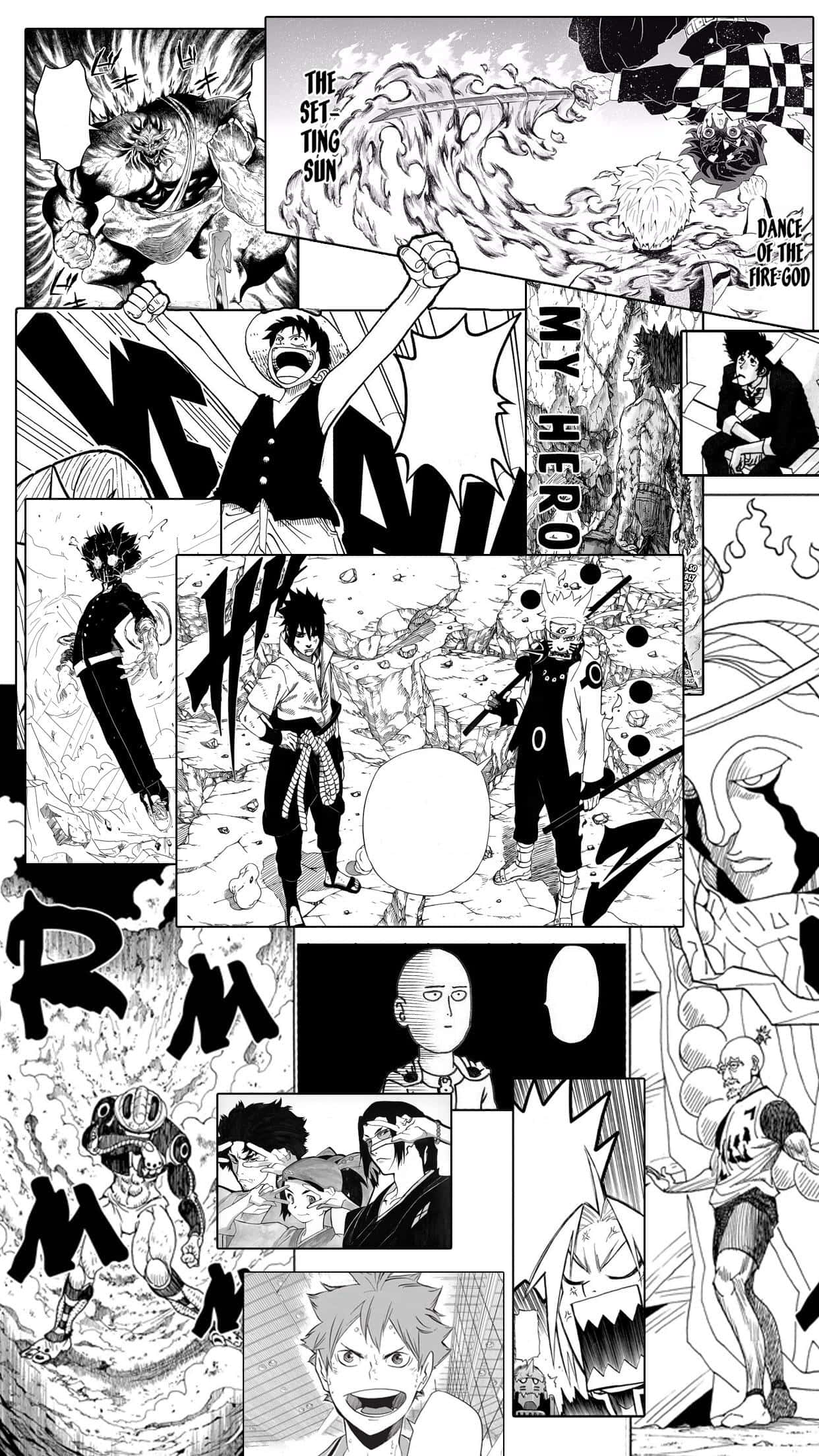 漫畫分鏡 桌布 壁紙 — 動態黑白漫畫面板展示激烈的動漫角色，在充滿動作的場景中，以粗線條和戲劇性的表情呈現。