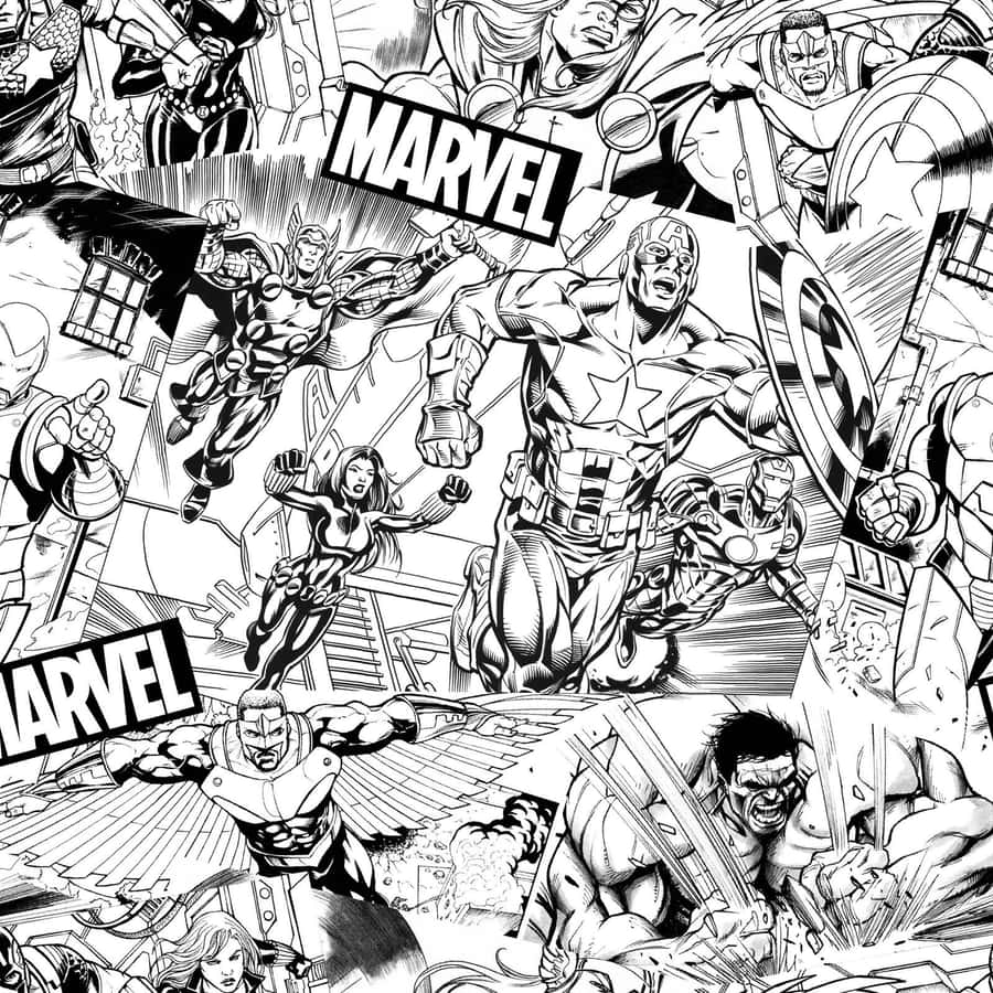 Marvel Black And White 桌布 壁紙 — 動態黑白漫畫面板拼貼畫，以粗線條和戲劇性陰影呈現Marvel超級英雄的動作姿勢。