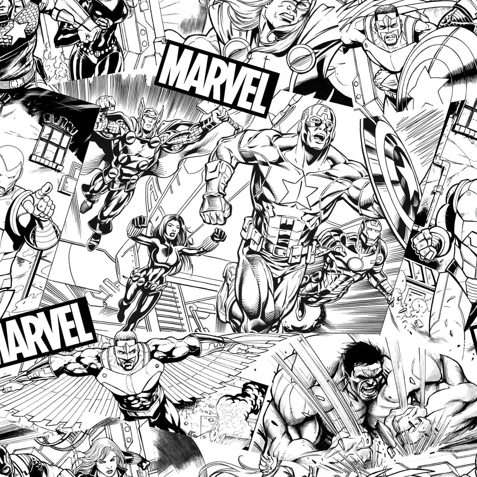 Marvel Black And White 桌布 壁紙 — 動態黑白漫畫面板拼貼畫，以粗線條和戲劇性陰影呈現Marvel超級英雄的動作姿勢。