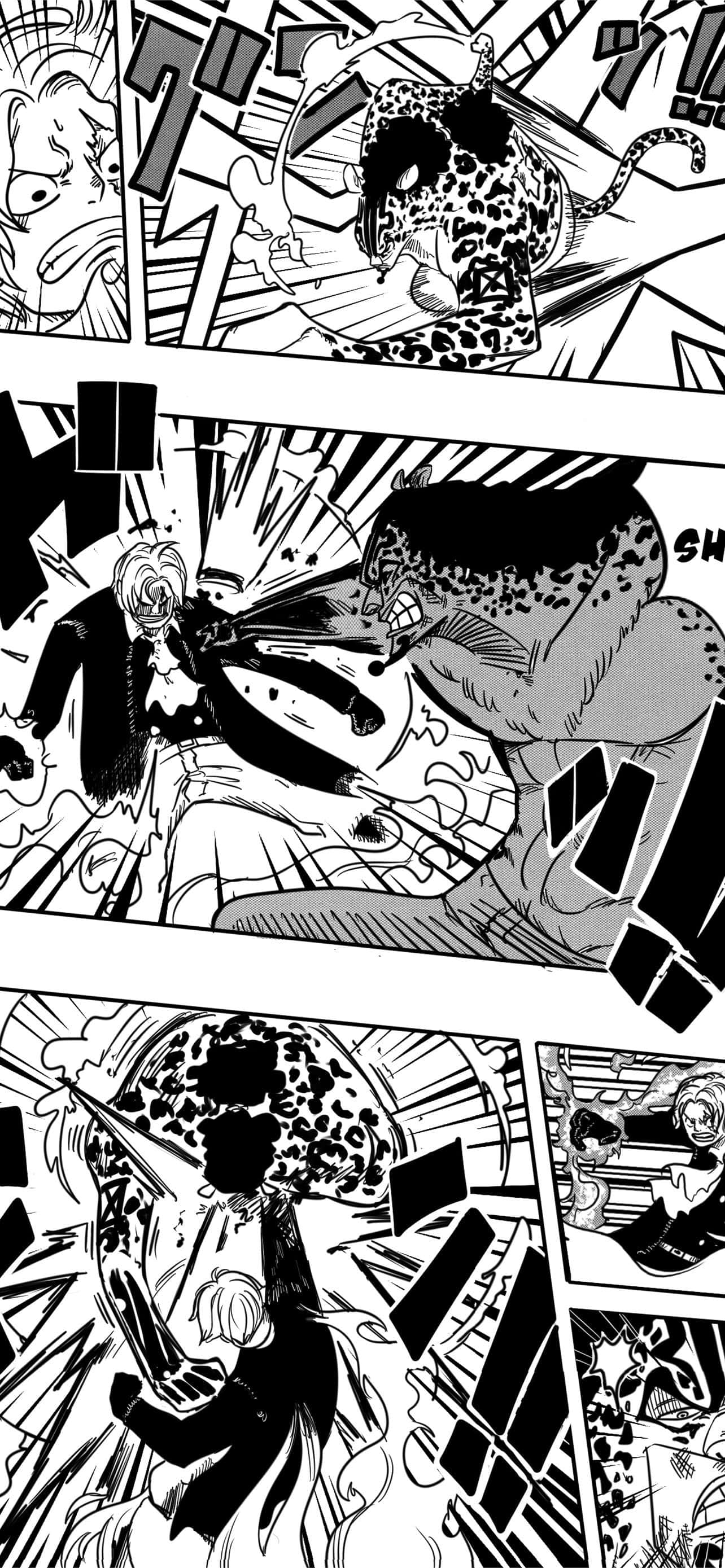 One Piece Manga 桌布 壁紙 — 動態黑白漫畫面板描繪了一種類似豹的生物在混亂、充滿動作的序列中攻擊人類形象。