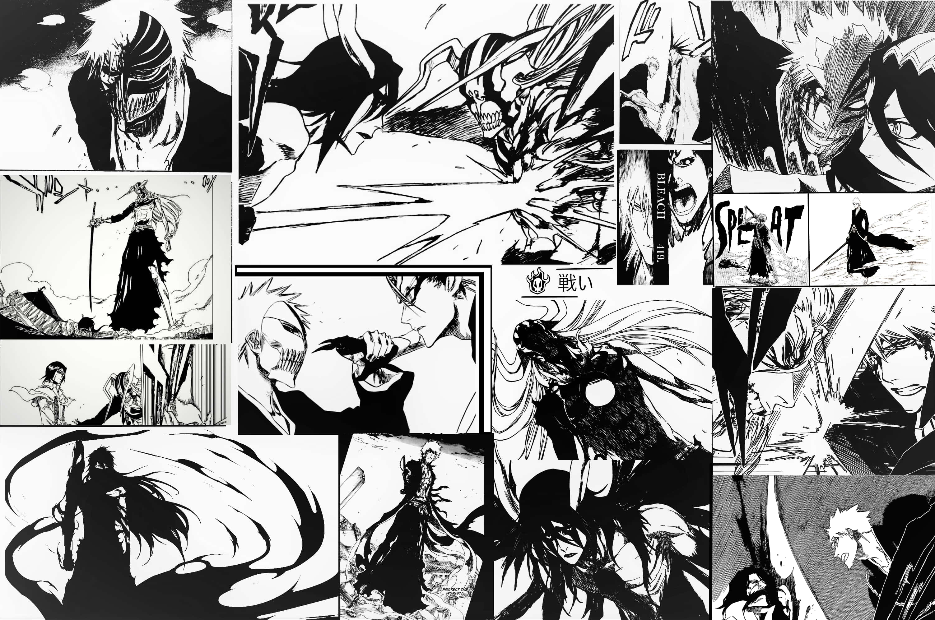 Manga Pages 桌布 壁紙 — 動態黑白漫畫面板描繪了高對比度動漫風格中的激烈劍鬥和戲劇性角色表情。