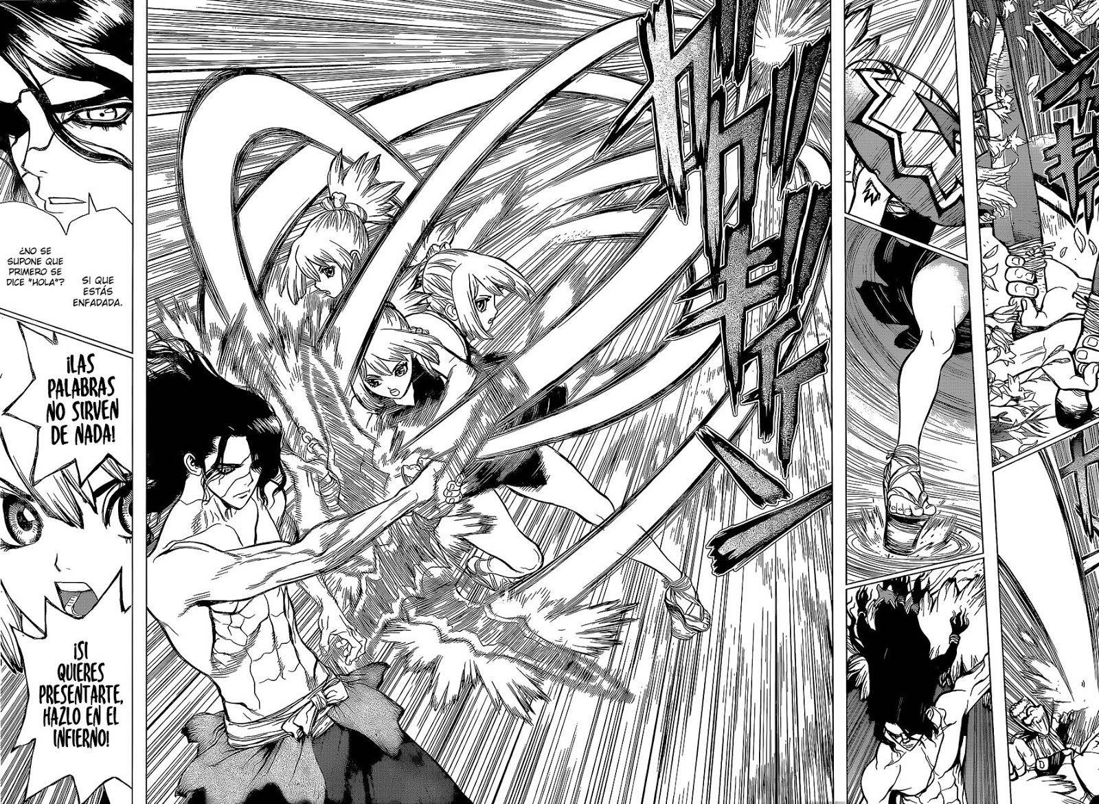 Dr Stone 桌布 壁紙 — 動態黑白漫畫面板顯示激烈的劍鬥，帶有運動線條和西班牙語對話氣泡。