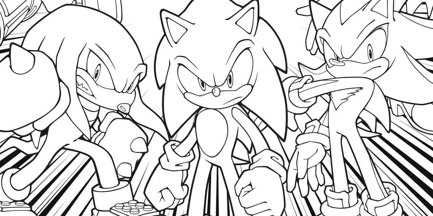 Sonic The Hedgehog Coloring 桌布 壁紙 — 動態黑白線條藝術，描繪音速小子與盟友的動作姿勢及速度線。