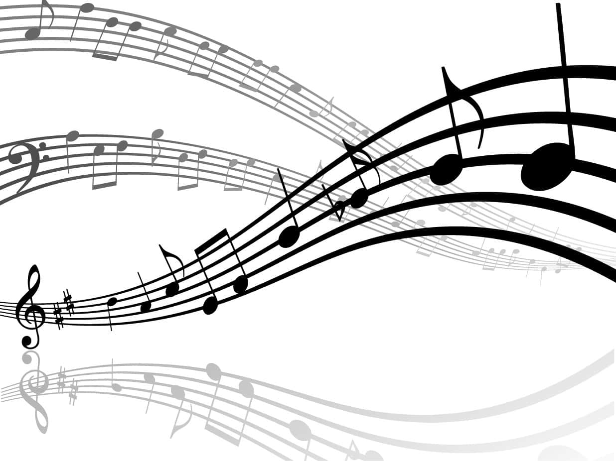 音樂 桌布 壁紙 — 動態黑白音符在分層彎曲的五線譜中流動，背景為純白色。