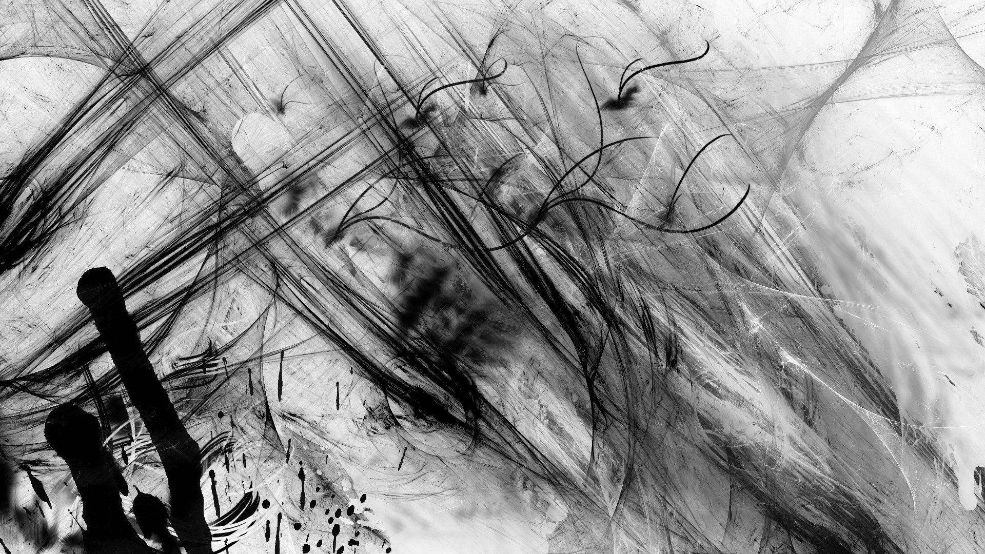 Pain Black And White 桌布 壁紙 — 動態黑色墨水飛濺和條紋在純白背景上旋轉，形成混亂的抽象構圖。
