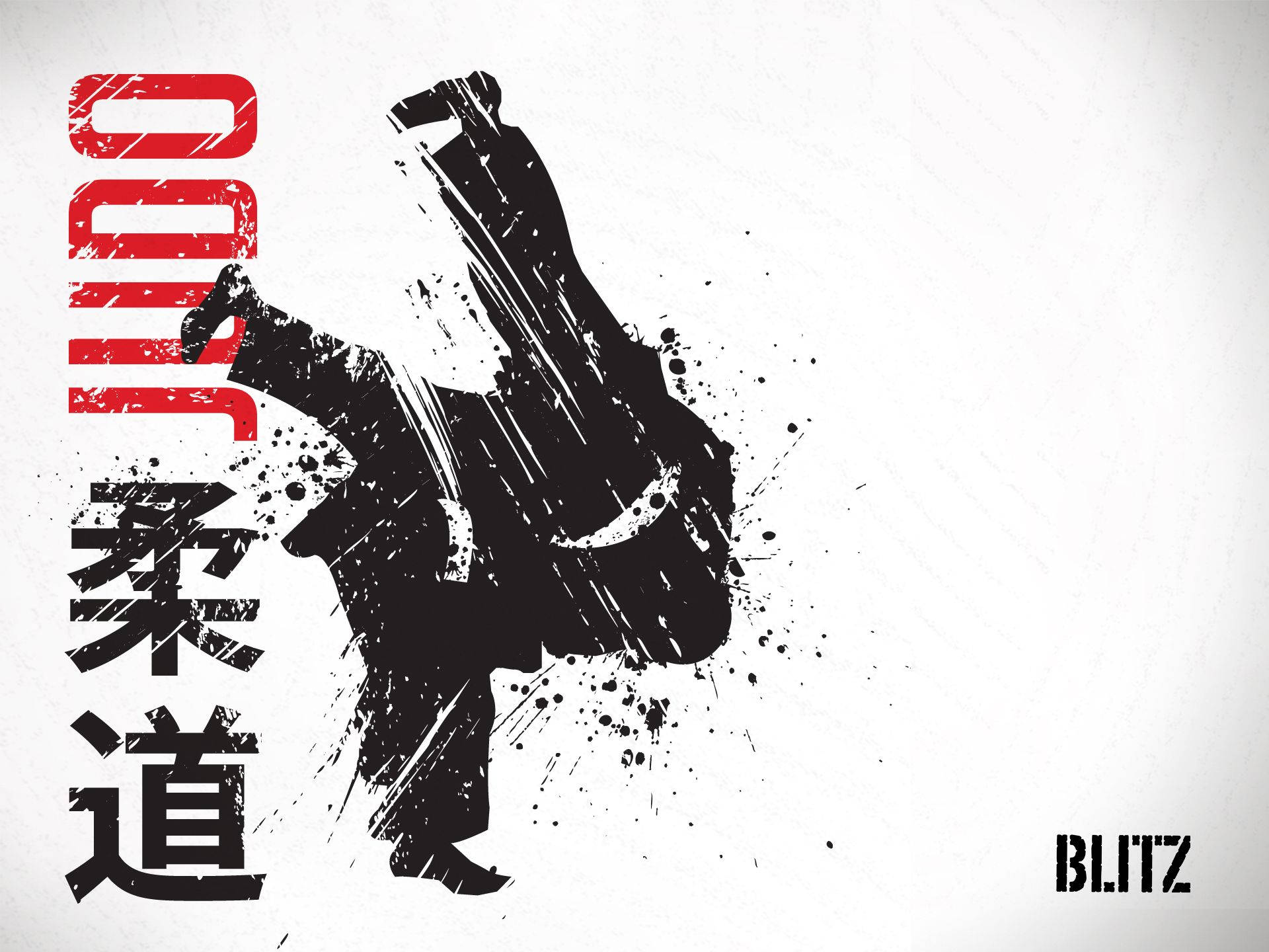 Judo 桌布 壁紙 — 動態黑色墨水飛濺插圖，描繪一位柔道運動員在半空中踢腿，帶有粗體紅色日文字元，背景為白色。
