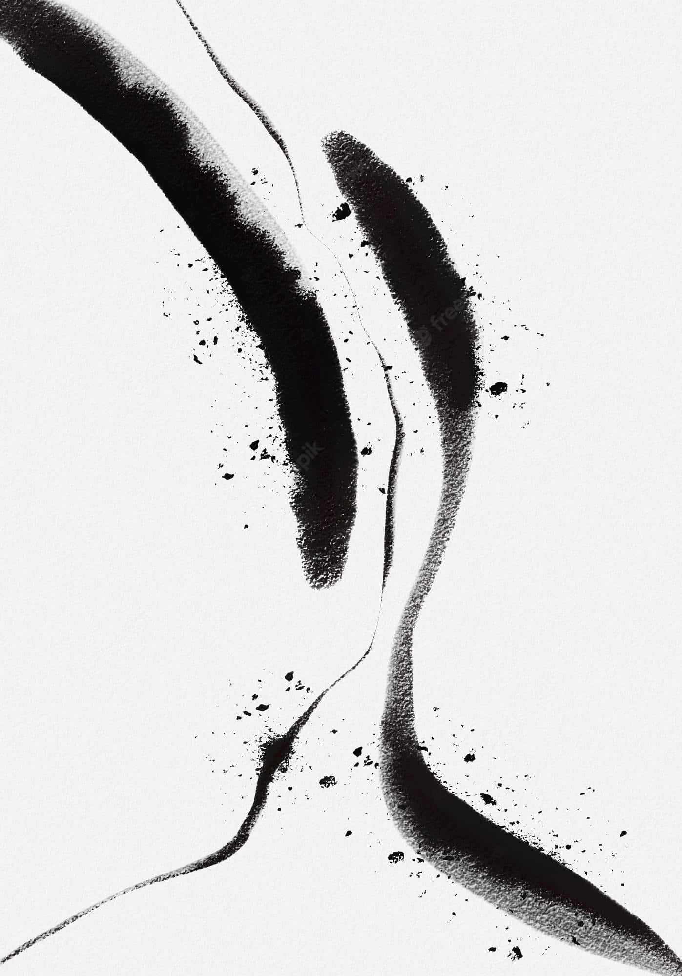 Aesthetic Black And White 桌布 壁紙 — 動態黑色墨跡和飛濺物在極簡抽象構圖中沿對角線流過純白背景。