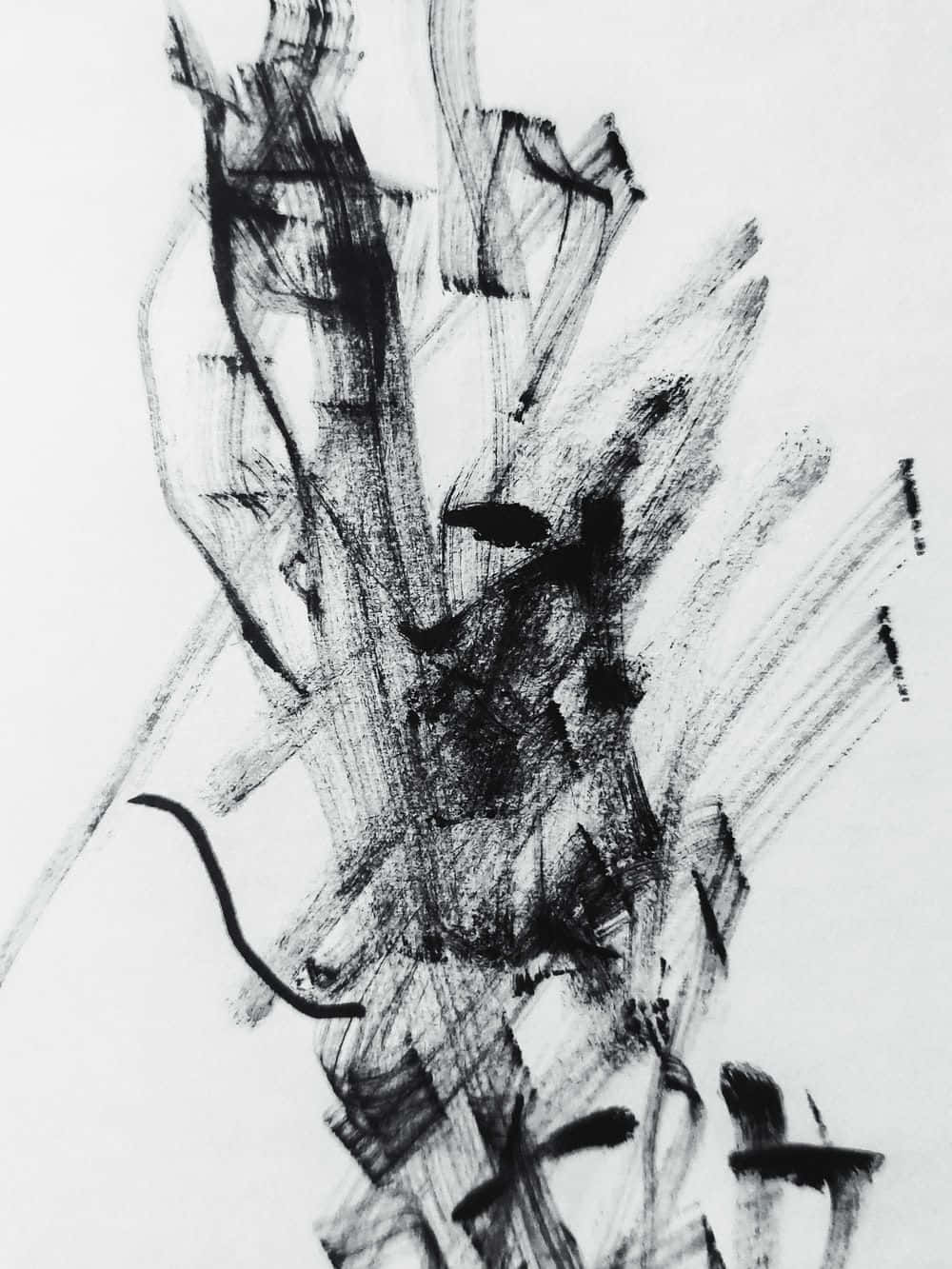 Art Drawing 桌布 壁紙 — 動態黑色墨跡在純白畫布上爆發，呈現原始抽象表現。