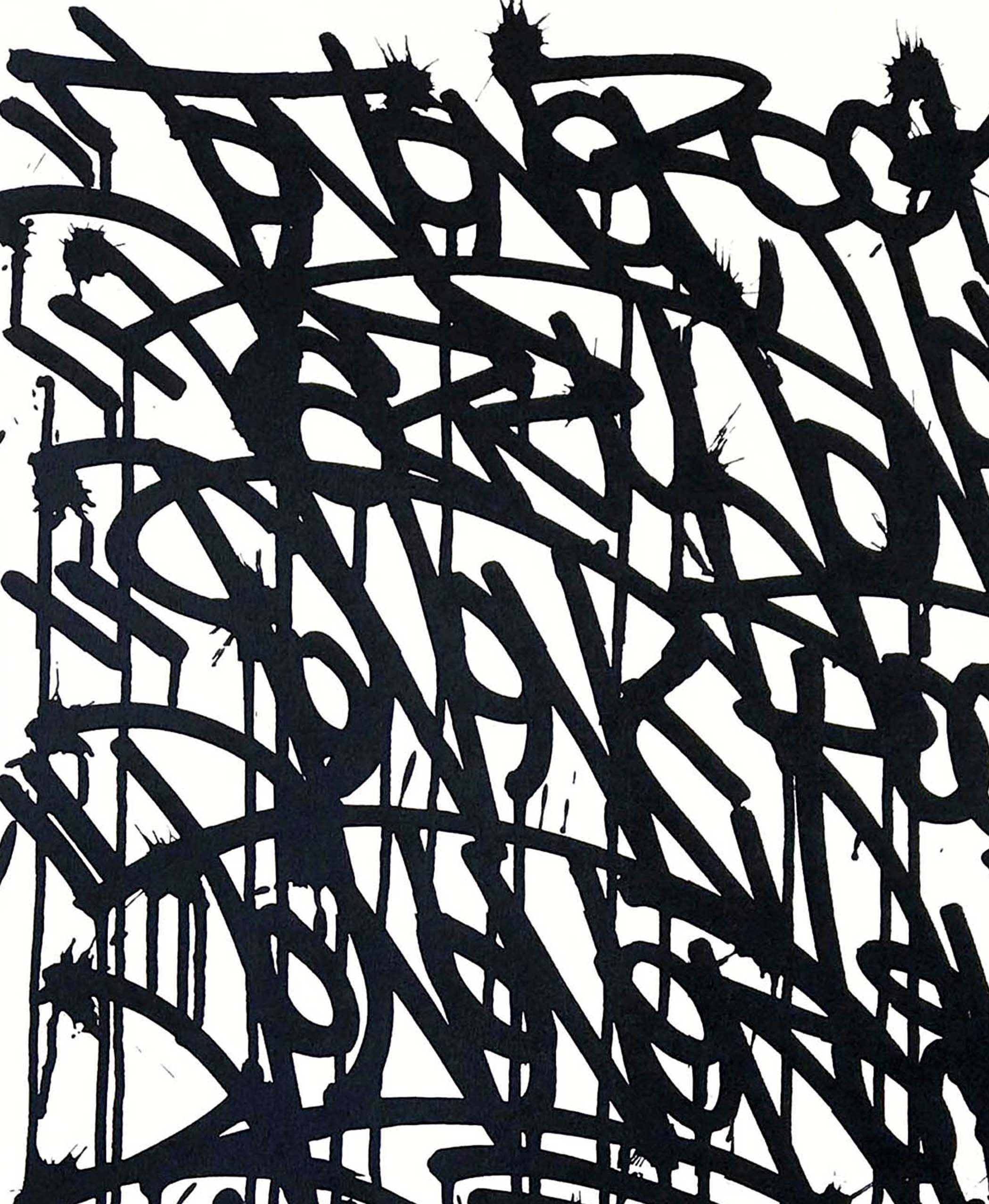 Black And White Graffiti 桌布 壁紙 — 動態黑色墨跡在純白背景上旋轉交錯，營造出充滿活力的抽象構圖。