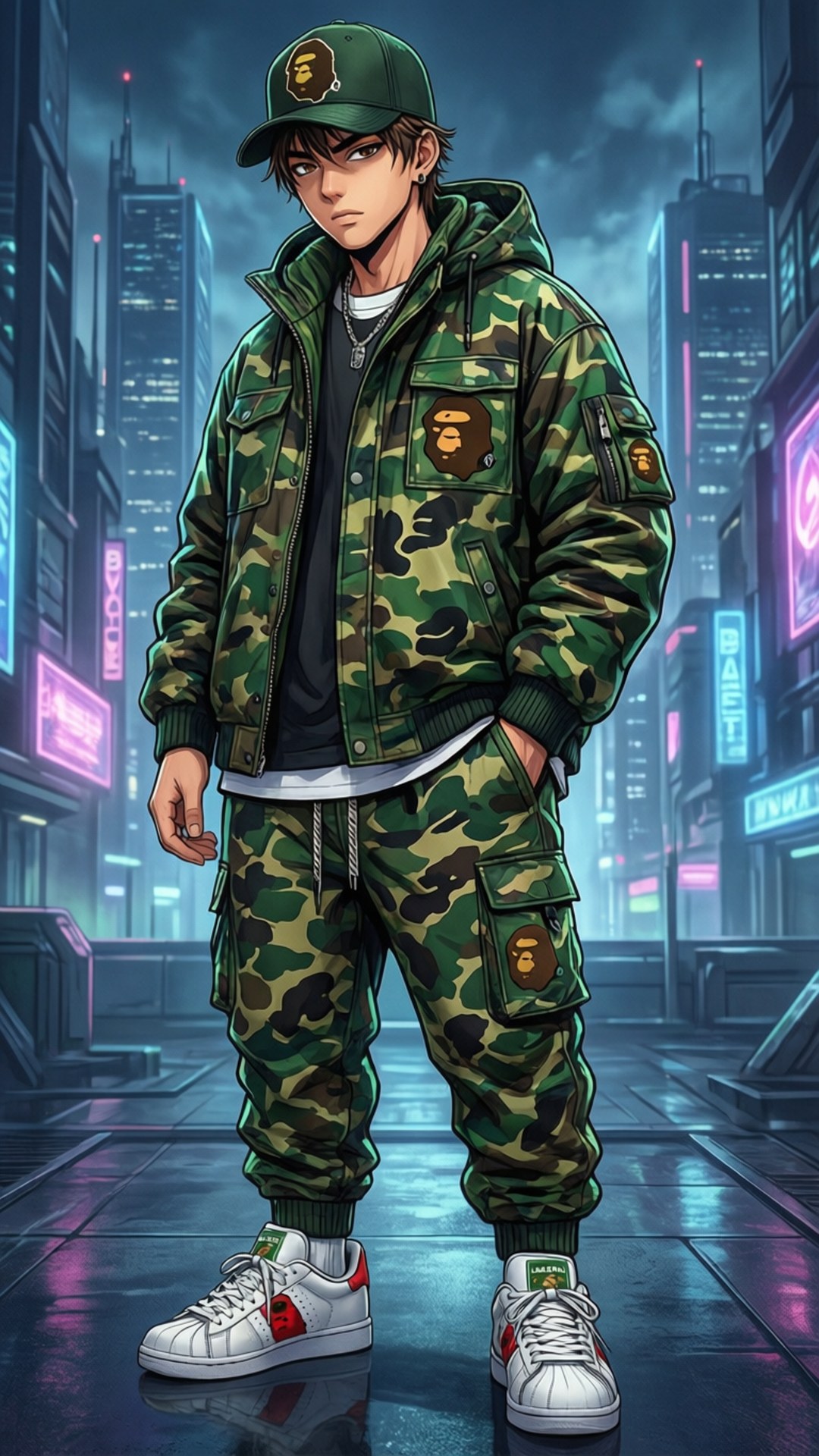 動漫BAPE未來風 壁紙 — 一位身穿迷彩街頭服的年輕男子在夜晚霓虹燈閃爍的賽博龐克城市景觀中自信地站立。
