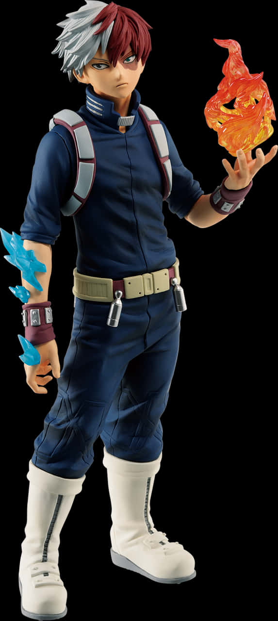 My Hero Academia Anime 桌布 壁紙 — 動漫人物，一個年輕英雄，紅白頭髮，在黑色背景前揮舞火與冰的個性能力。