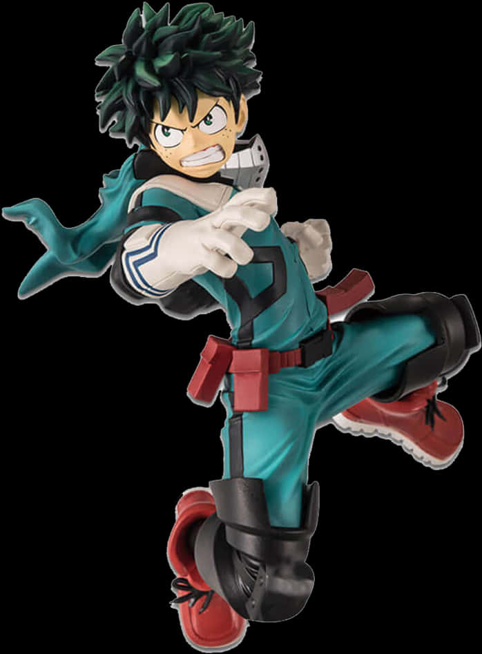 My Hero Academia Anime 桌布 壁紙 — 動漫人物綠谷出久在空中做出動態動作姿勢，表情堅定，背景為黑色。