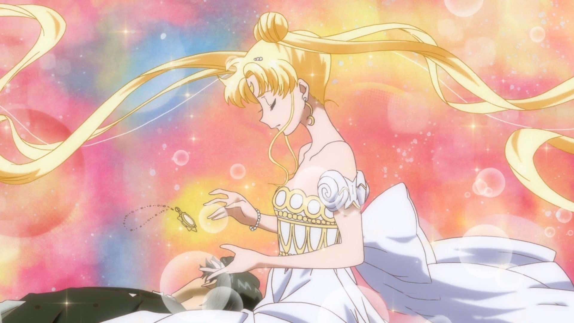 Aesthetic Sailor Moon 桌布 壁紙 — 動漫公主，金色長髮飄逸，身穿白色長裙，在充滿活力的宇宙背景下輕輕觸摸發光球體。