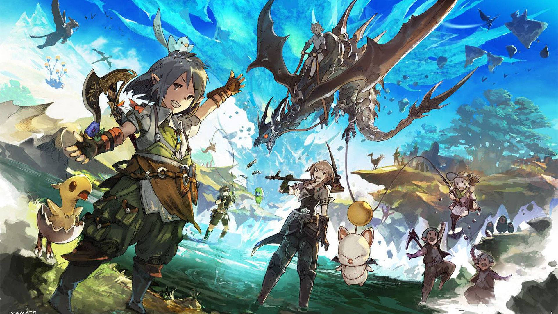Ff14 桌布 壁紙 — 動漫冒險者在充滿活力的奇幻景觀中與巨龍戰鬥，身邊有飛行夥伴和魔法生物。