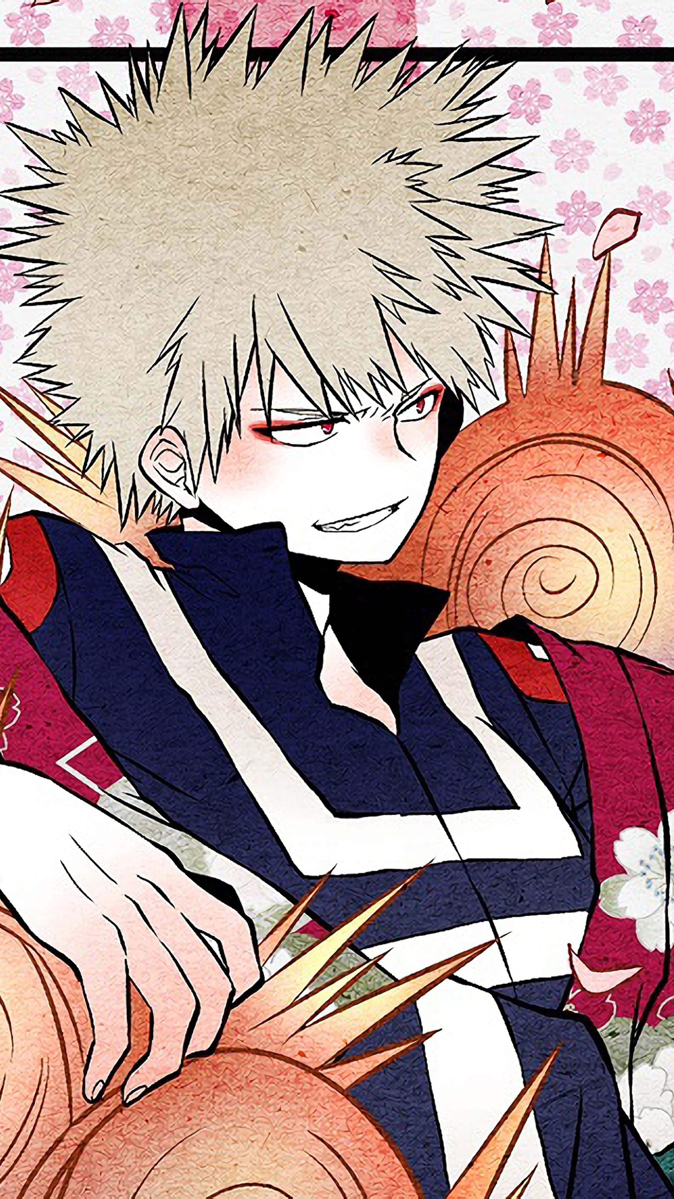My Hero Academia Aesthetic 桌布 壁紙 — 動漫刺蝟頭男孩穿著傳統長袍，在櫻花圖案背景上頑皮地微笑。