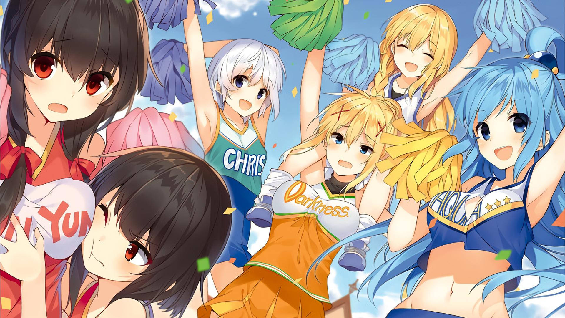 Konosuba 桌布 壁紙 — 動漫啦啦隊隊員穿著色彩繽紛的制服，在明亮的藍天下揮舞著彩球歡呼，五彩紙屑飄落。