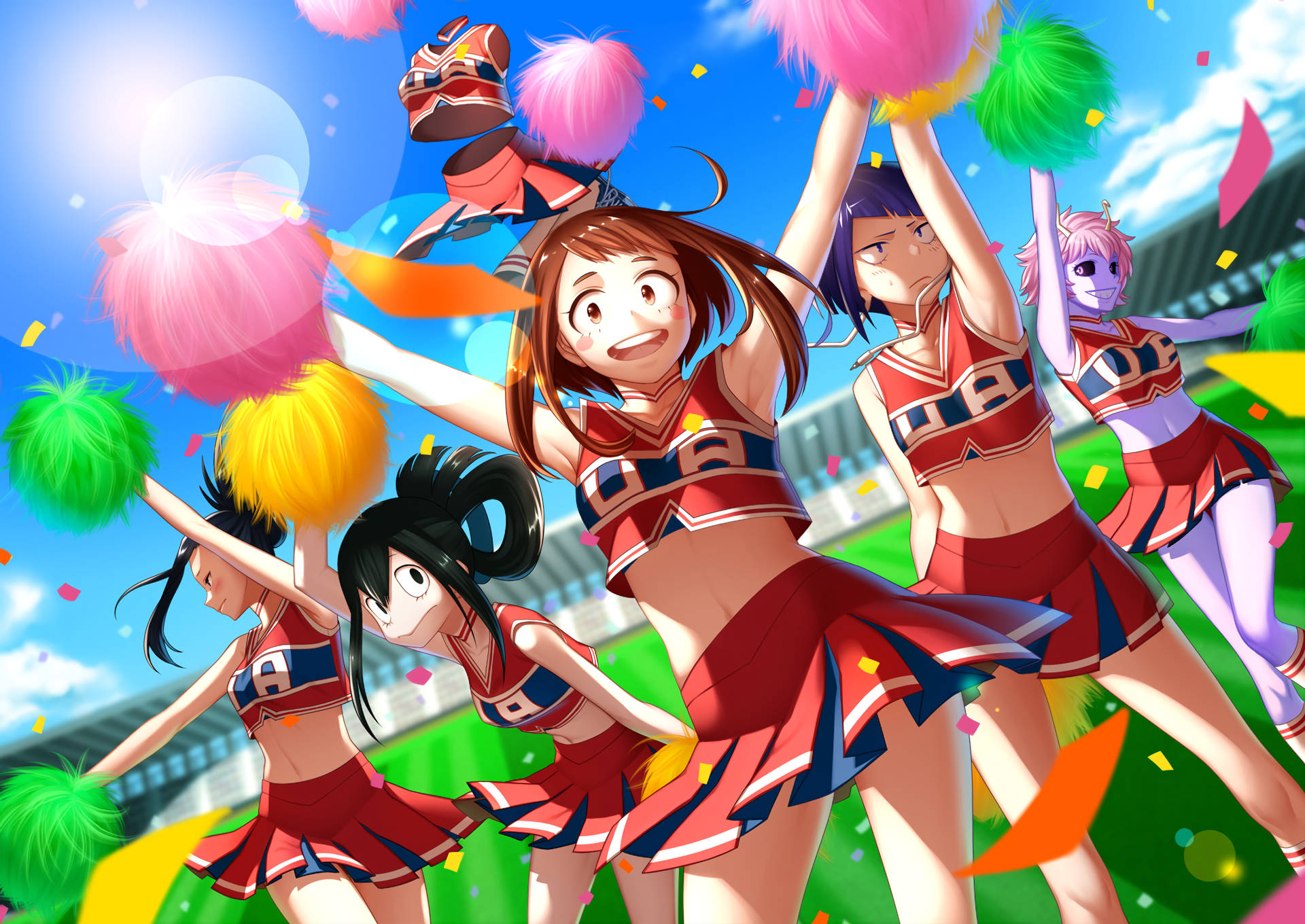 Uraraka 桌布 壁紙 — 動漫啦啦隊隊員身穿紅色制服，在晴朗的天空下歡快地揮舞著彩色絨球表演。