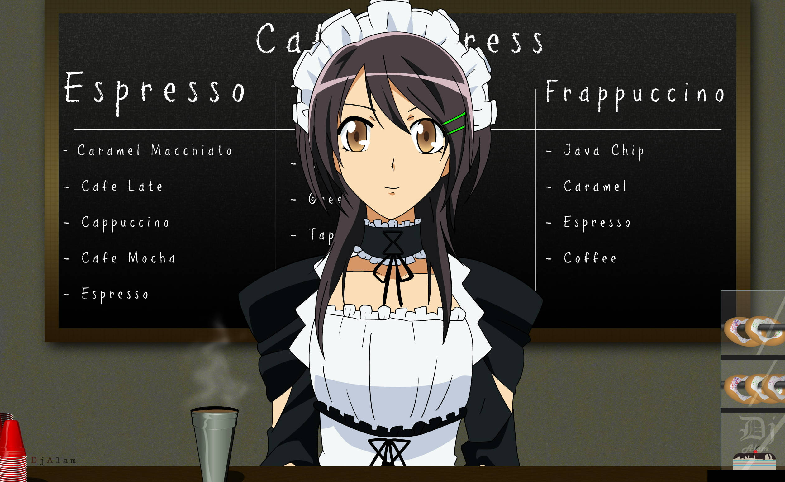 Maid Sama 桌布 壁紙 — 動漫女僕站在咖啡櫃檯後面，菜單板上列出濃縮咖啡飲品和糕點，營造舒適的咖啡館環境。