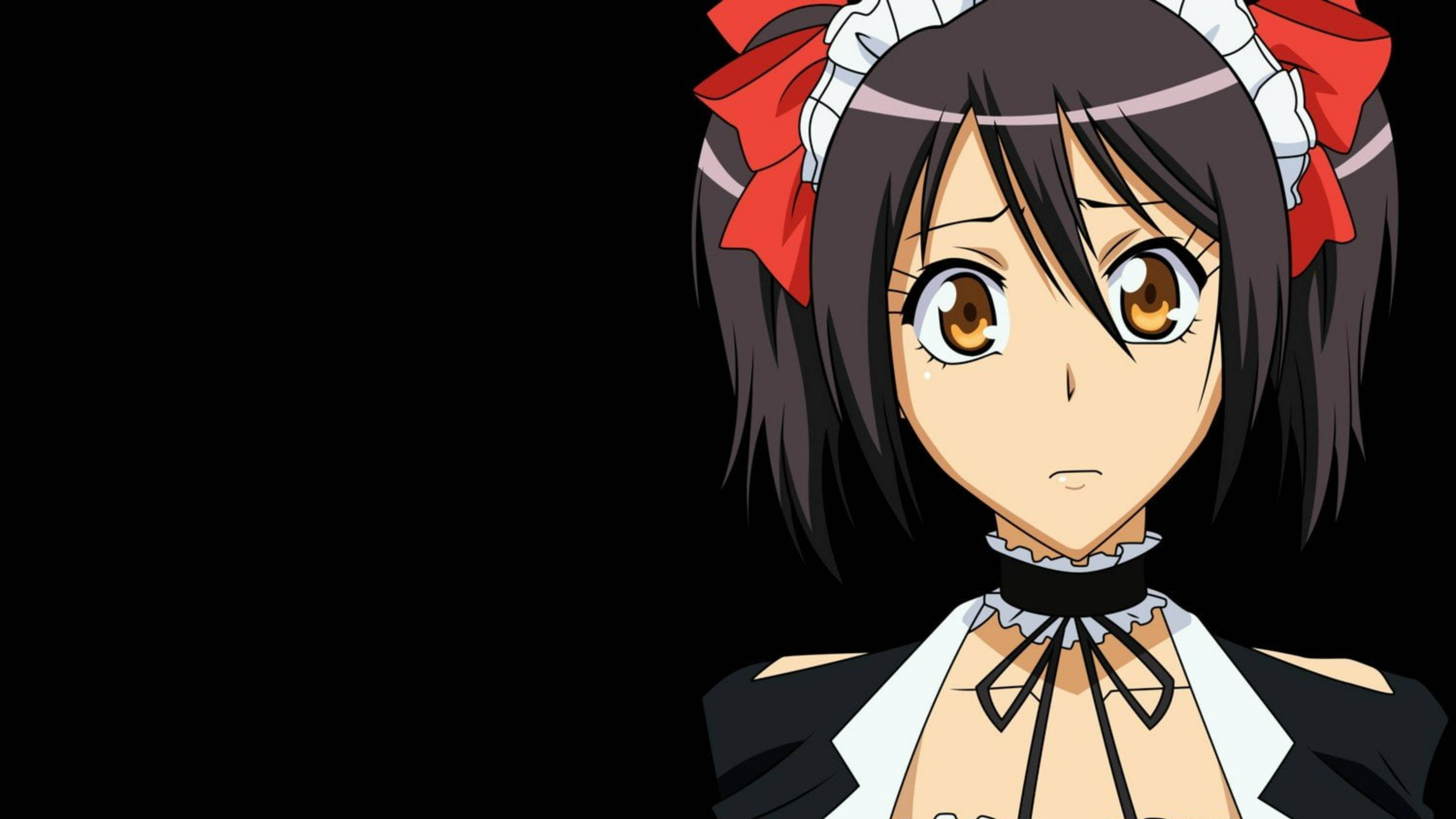 Maid Sama 桌布 壁紙 — 動漫女僕裝女孩，紅色蝴蝶結，棕色眼睛，直視黑色背景。