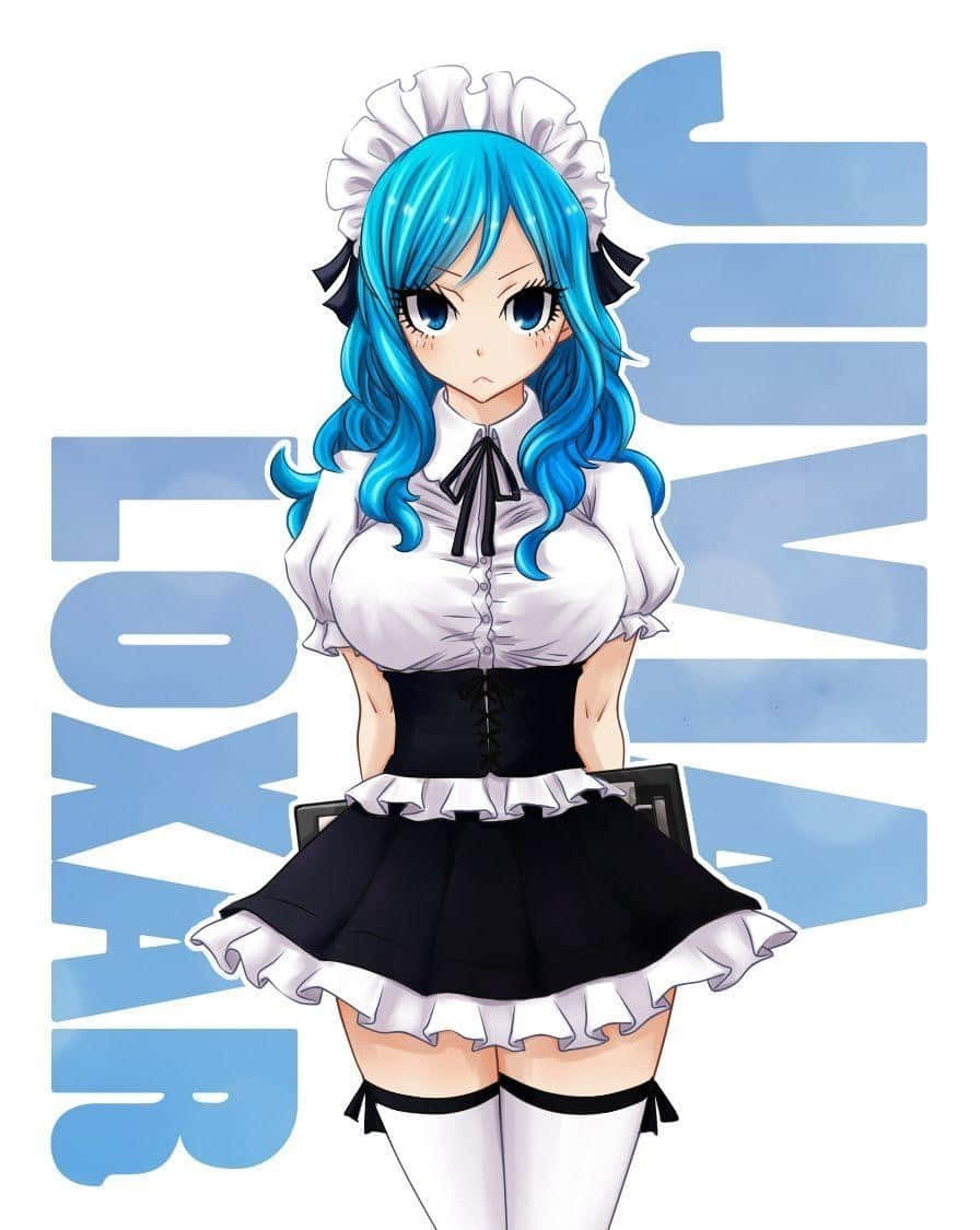 juvia lockser 桌布 壁紙 — 動漫女孩，一頭充滿活力的藍色頭髮，穿著女僕裝，自信地站在藍色文字背景前。