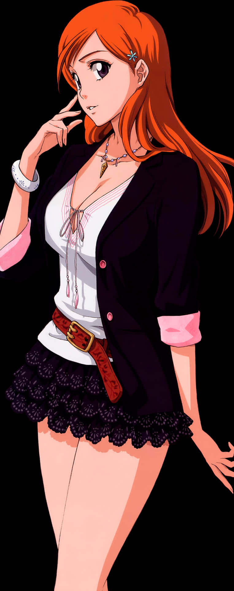 Orihime Inoue 桌布 壁紙 — 動漫女孩，一頭火橙色頭髮，身穿黑色西裝外套，在深色背景前若有所思地擺姿勢。