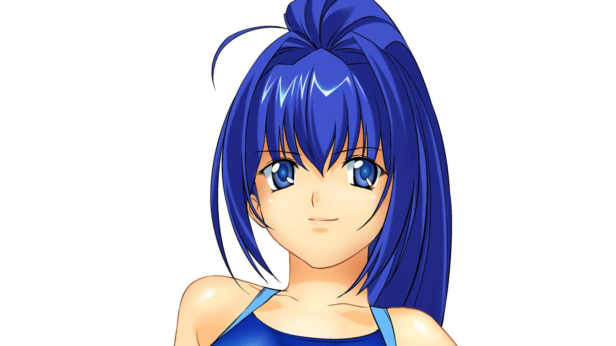 kimi ga nozomu eien 桌布 壁紙 — 動漫女孩，擁有充滿活力的藍色頭髮和眼睛，在純白色背景上溫柔地微笑。