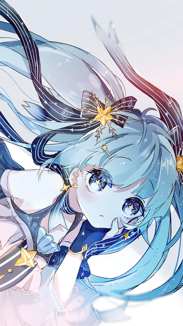 Beautiful Anime 桌布 壁紙 — 動漫女孩，擁有星空藍髮和銀河眼眸，在柔和漸變的天空下溫柔凝視。