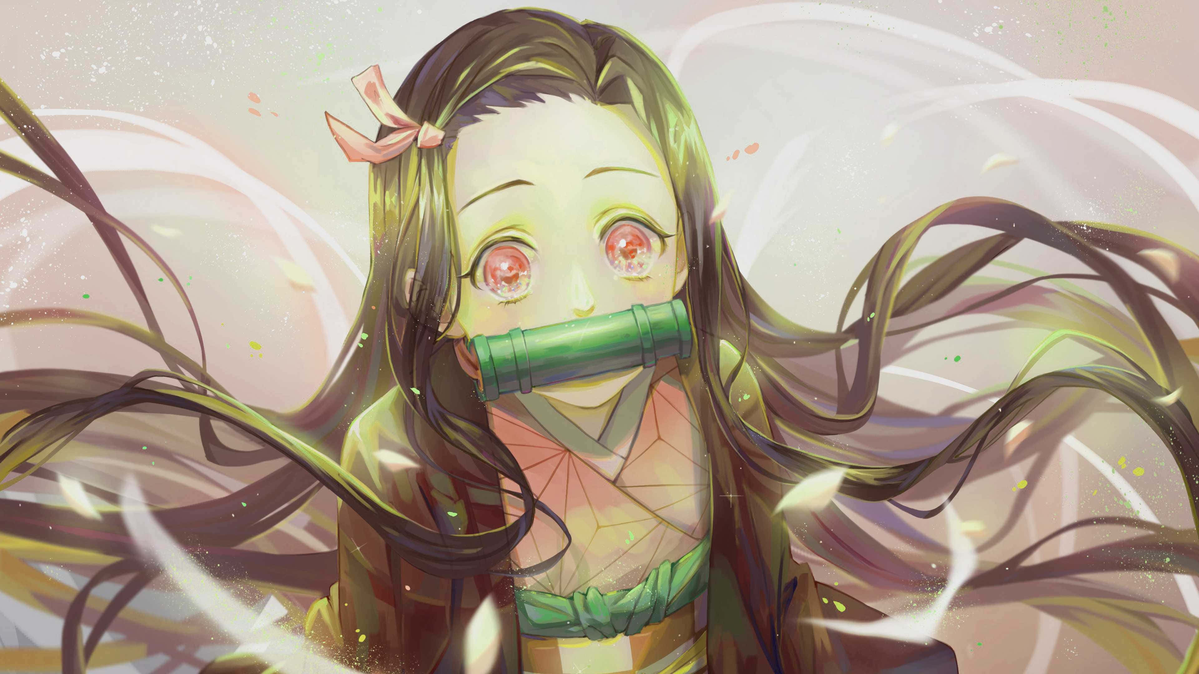 Nezuko Desktop 桌布 壁紙 — 動漫女孩，擁有發光的紅色眼睛和飄逸的深色頭髮，在柔和的粉彩背景前將竹管放在嘴上。