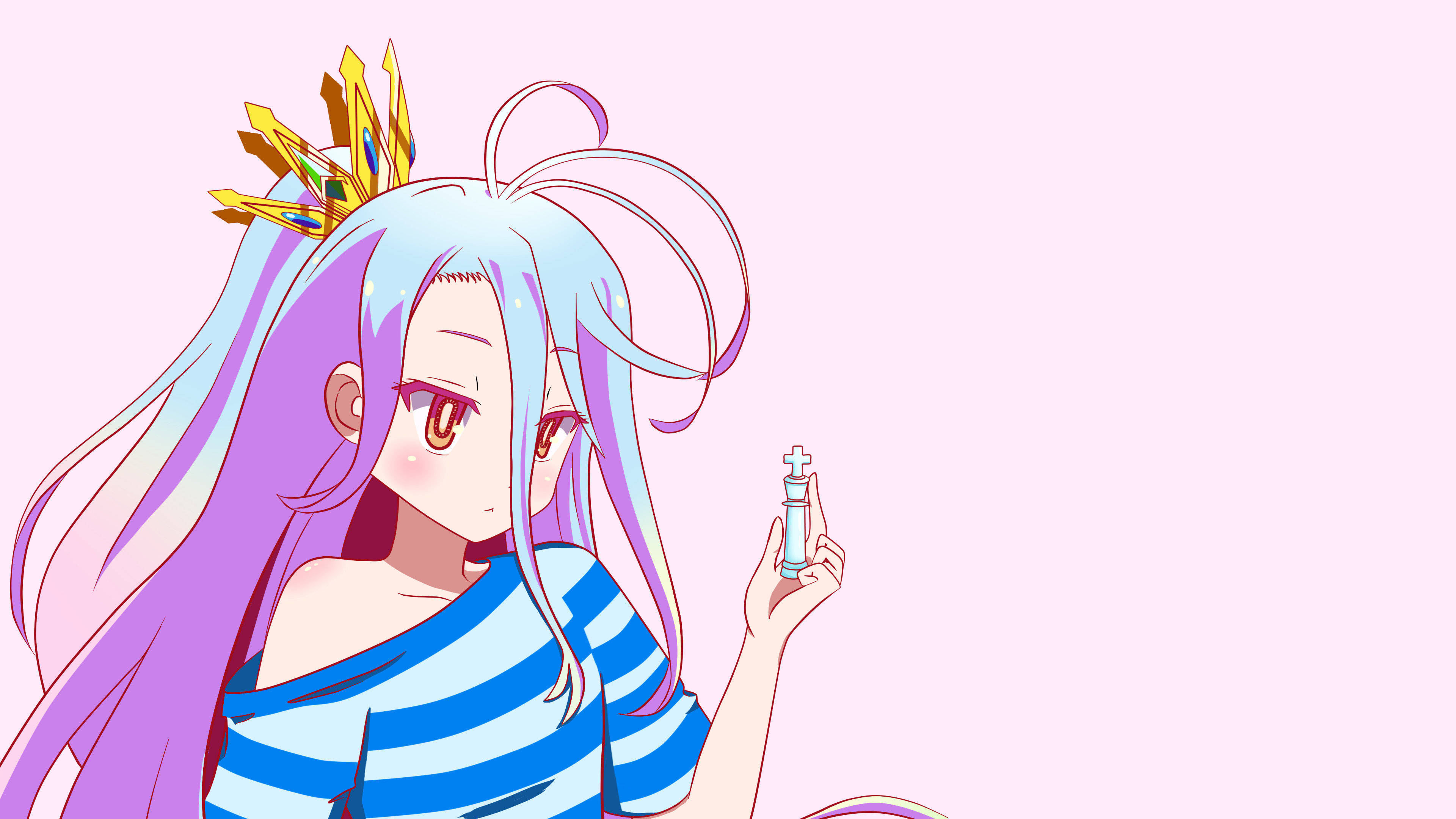 game 桌布 壁紙 — 動漫女孩，擁有粉藍色和紫色頭髮，戴著皇冠，在柔和的粉紅色背景前拿著一個小瓶子。