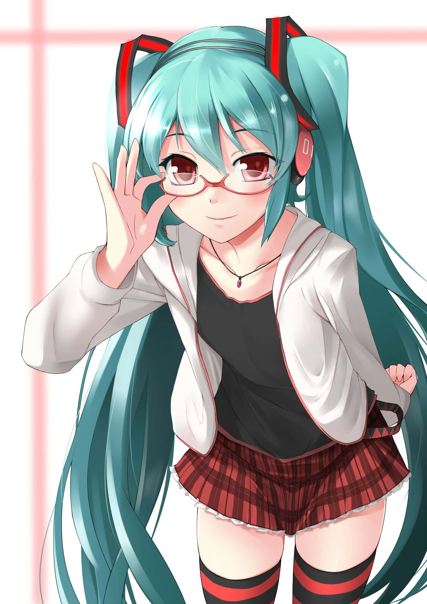 Vocaloid 桌布 壁紙 — 動漫女孩，擁有藍綠色雙馬尾和紅色眼鏡，在粉紅色網格背景上愉快地揮手。