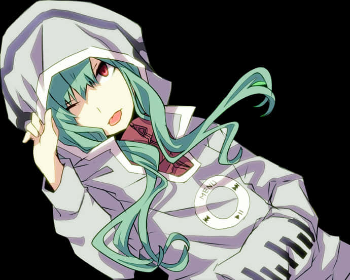 Anime Render 桌布 壁紙 — 動漫女孩，擁有青色頭髮和紅色眼睛，穿著連帽衫，胸前有發光的選單按鈕，背景為黑色。