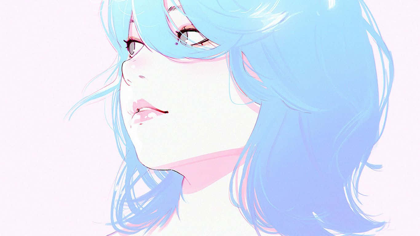 Drawing Desktop 桌布 壁紙 — 動漫女孩，擁有飄逸的藍色頭髮和柔和的粉紅色亮點，在蒼白的背景下向上凝視。