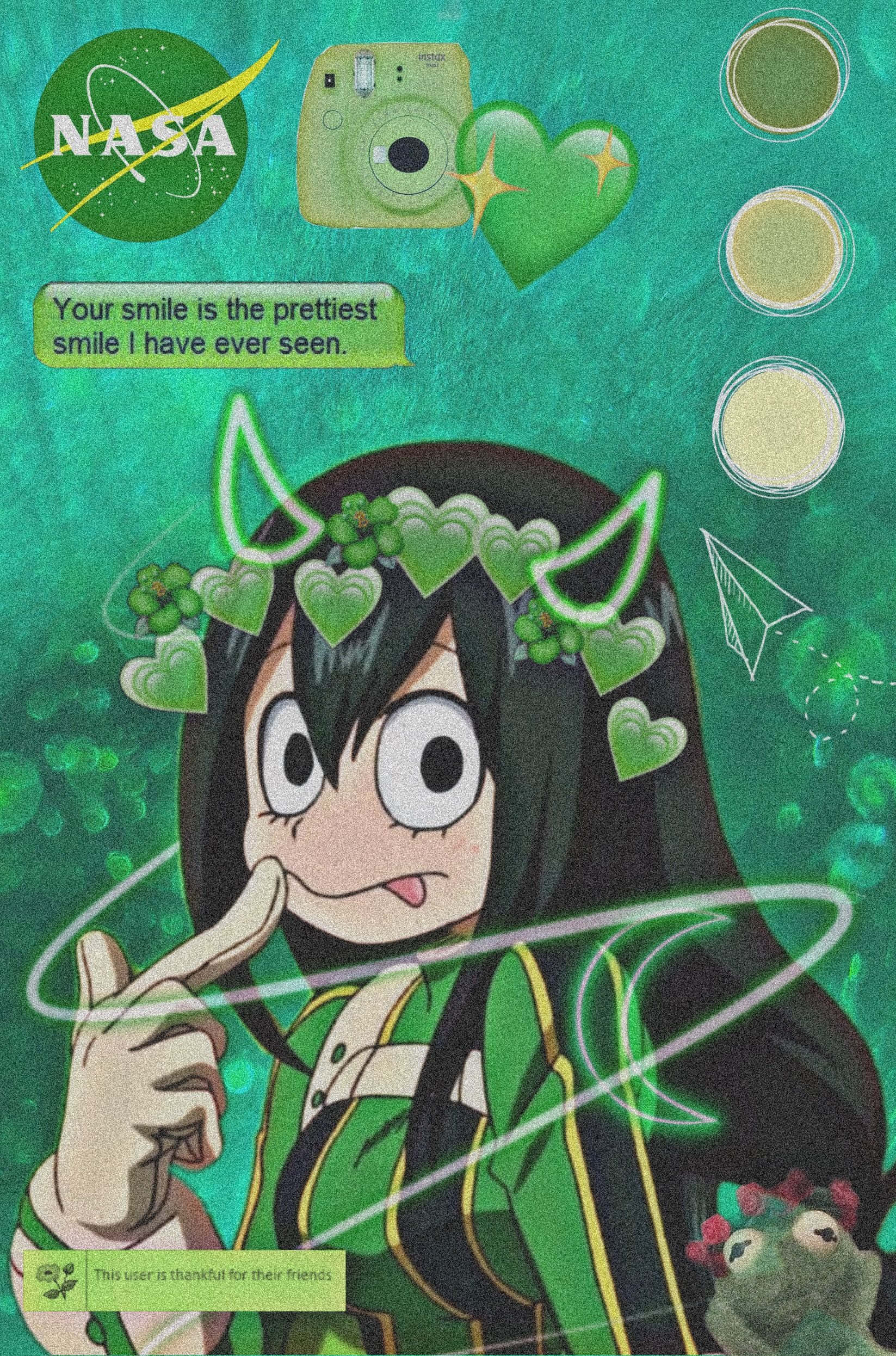 Froppy 桌布 壁紙 — 動漫女孩，有心形角和手指放在嘴唇上的姿勢，背景為青綠色，帶有NASA和即時相機貼紙。