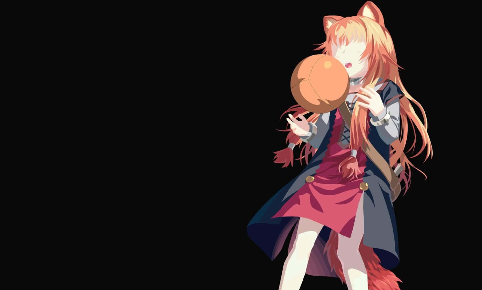 Shield Hero 桌布 壁紙 — 動漫女孩，有狐狸耳朵和長長的橙色頭髮，在黑色背景前拿著籃球。