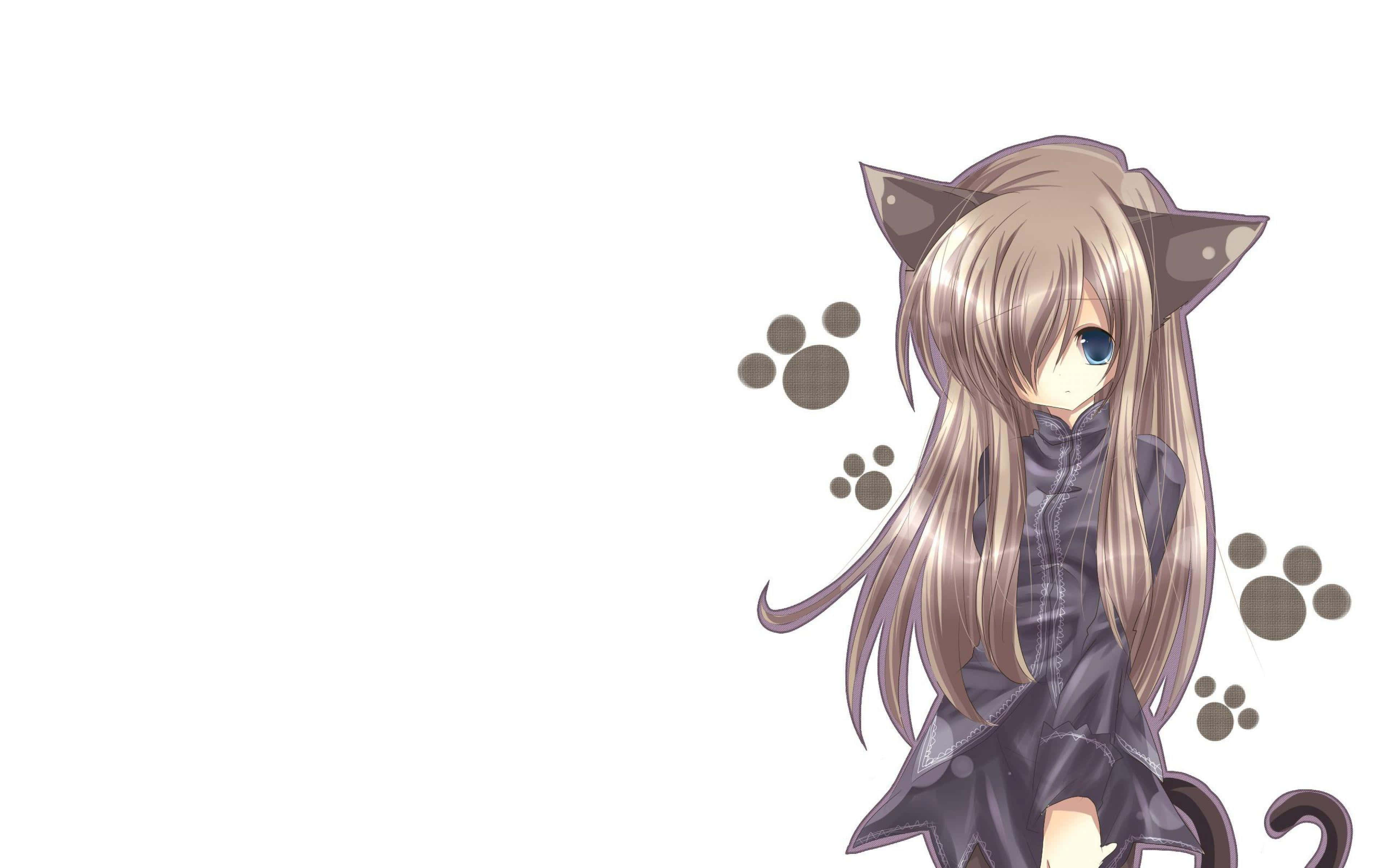 neko 桌布 壁紙 — 動漫女孩，有貓耳和貓尾，身穿深色服裝，被白色背景上的爪印包圍。