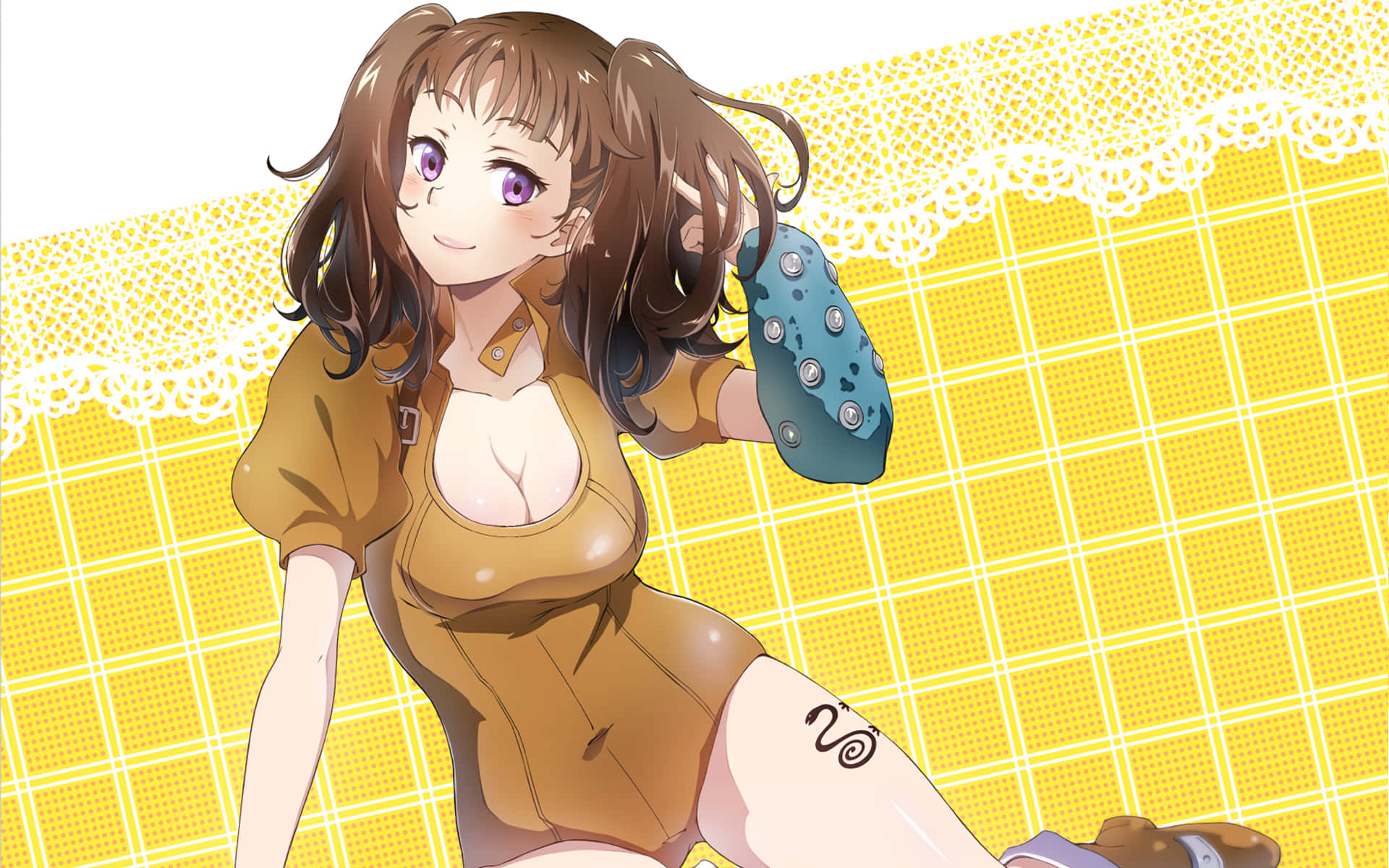 黛安——嫉妒之蛇，處於緊張時刻 壁紙 — 動漫女孩，棕色雙馬尾，紫色眼睛，微笑著，在黃色網格背景前拿著藍色攀岩鞋。
