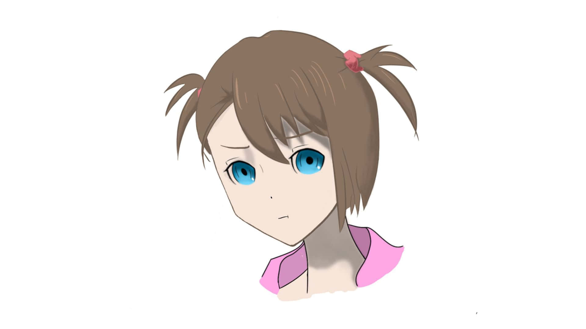 Nae Tennouji 桌布 壁紙 — 動漫女孩，棕色雙馬尾，藍色眼睛，穿著粉紅色上衣，白色背景。