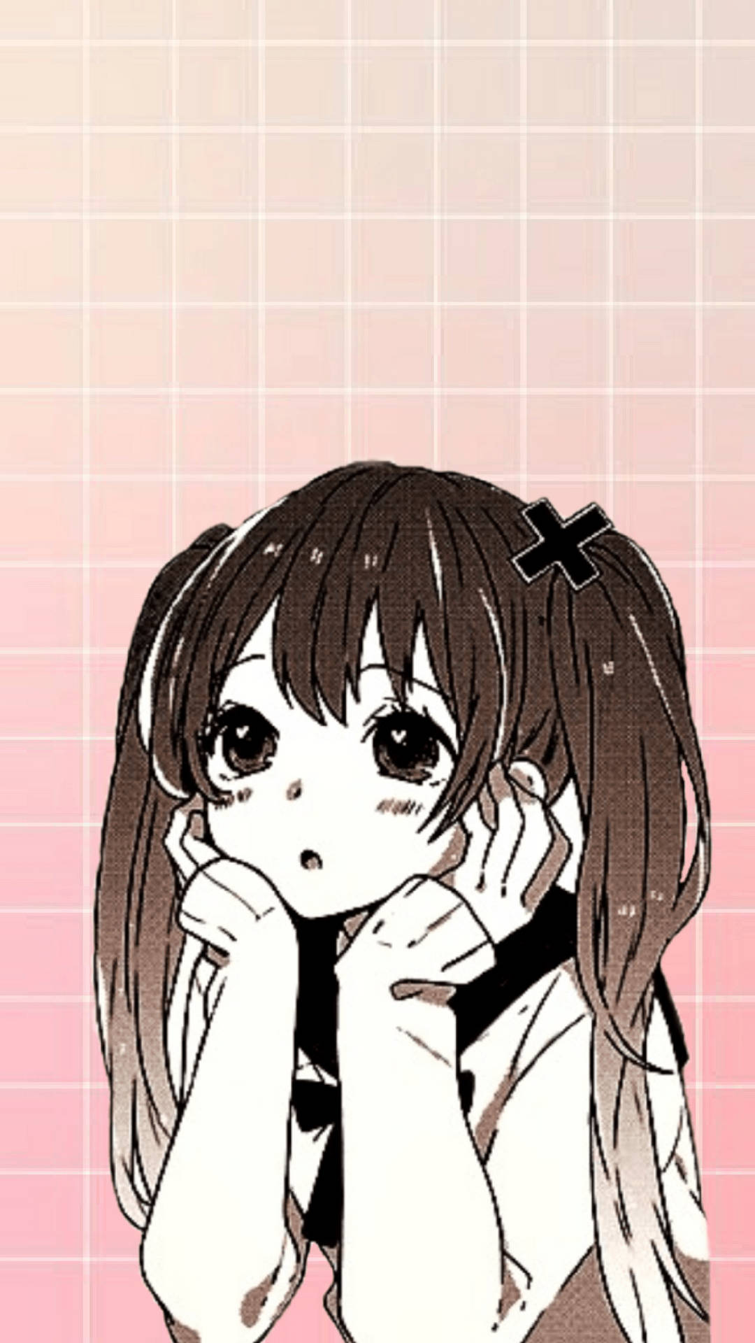 Kawaii Anime 桌布 壁紙 — 動漫女孩，棕色雙馬尾，黑色十字髮夾，雙手托腮，背景為粉紅色網格。