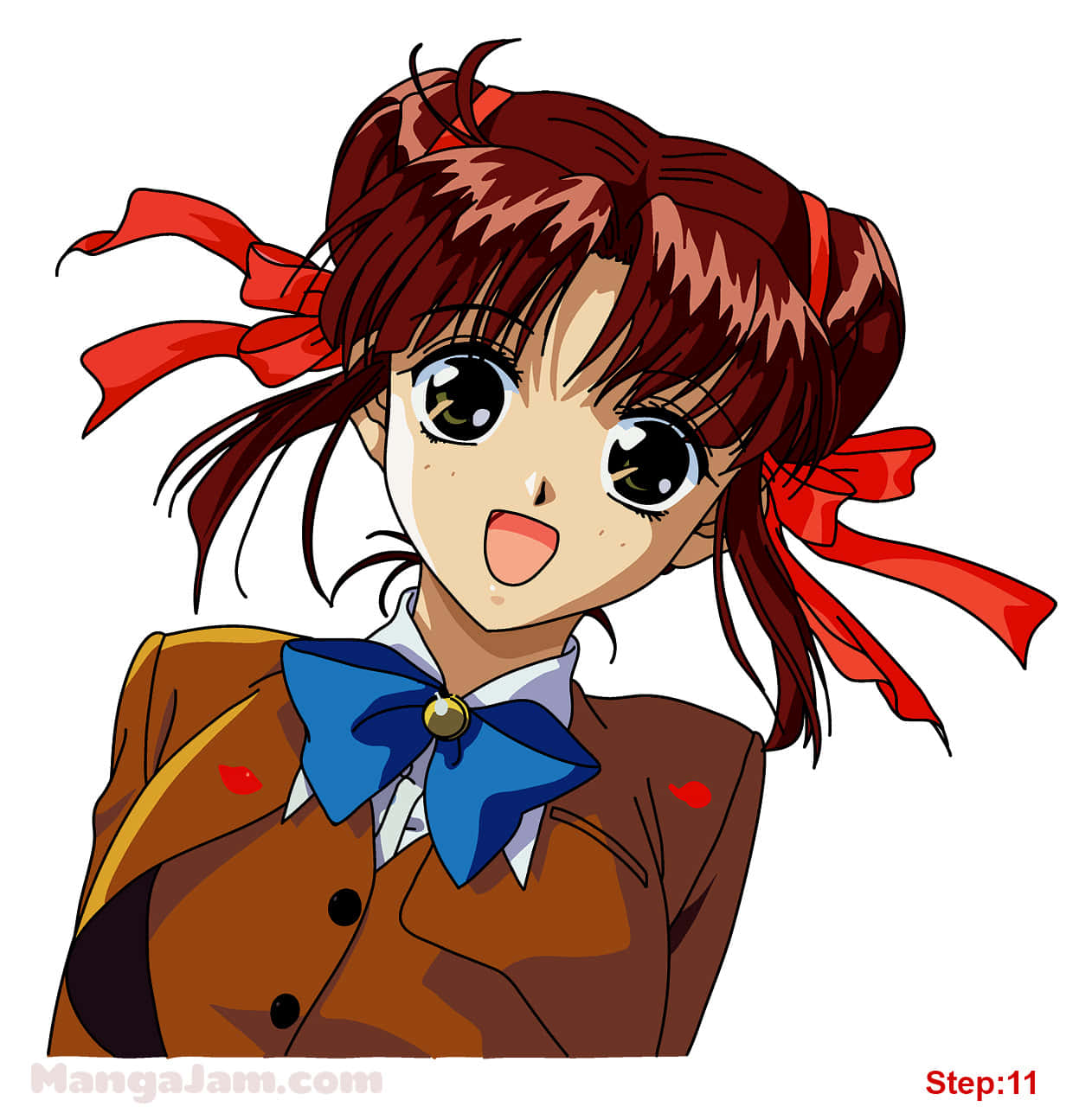 Fushigi Yuugi 桌布 壁紙 — 動漫女孩，棕色雙馬尾用紅色絲帶和藍色蝴蝶結綁著，睜大眼睛顯得很驚訝。