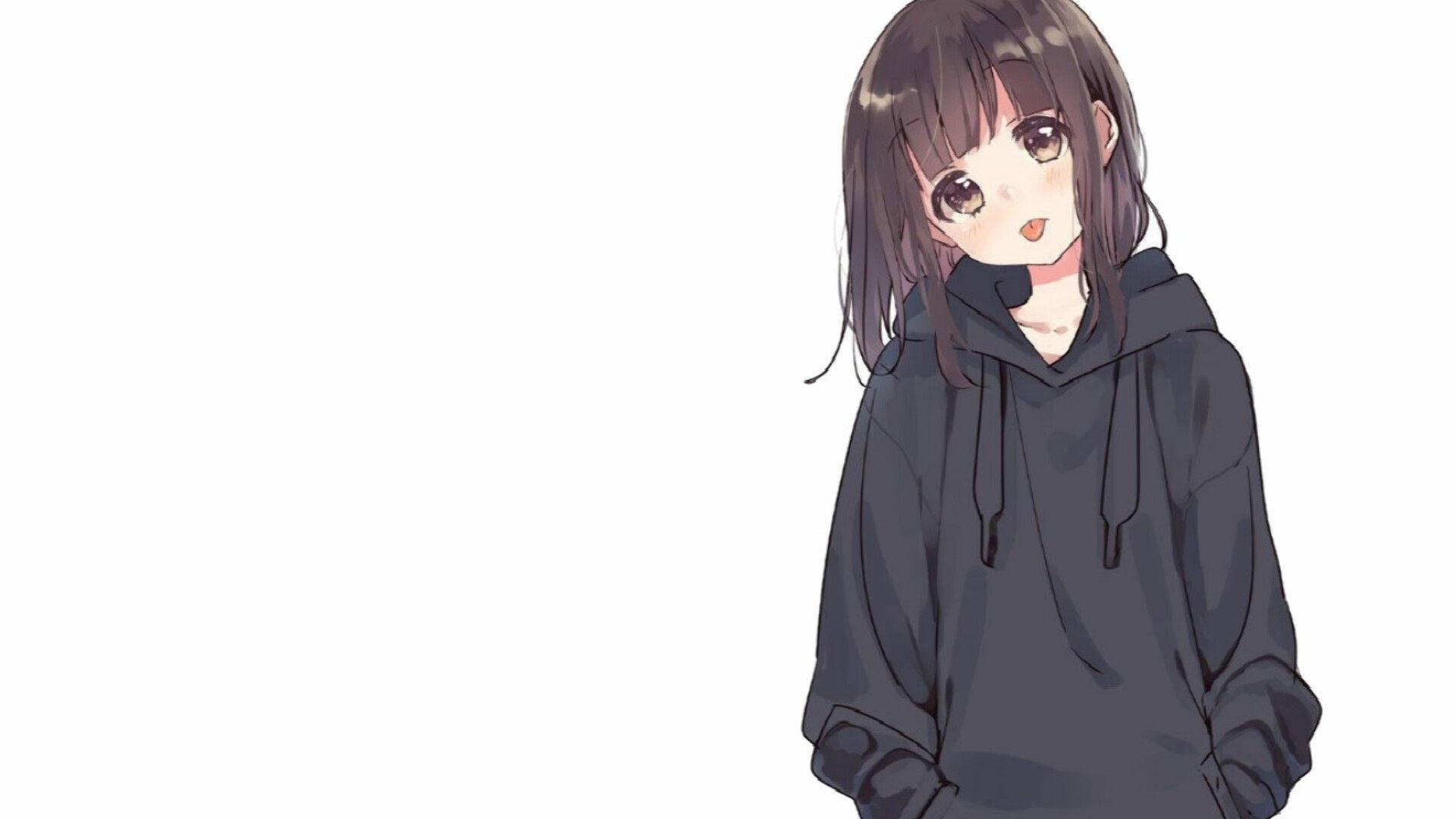 Aesthetic Anime Pfp 桌布 壁紙 — 動漫女孩，棕色頭髮，大眼睛，穿著深色連帽衫，背景為純白色。