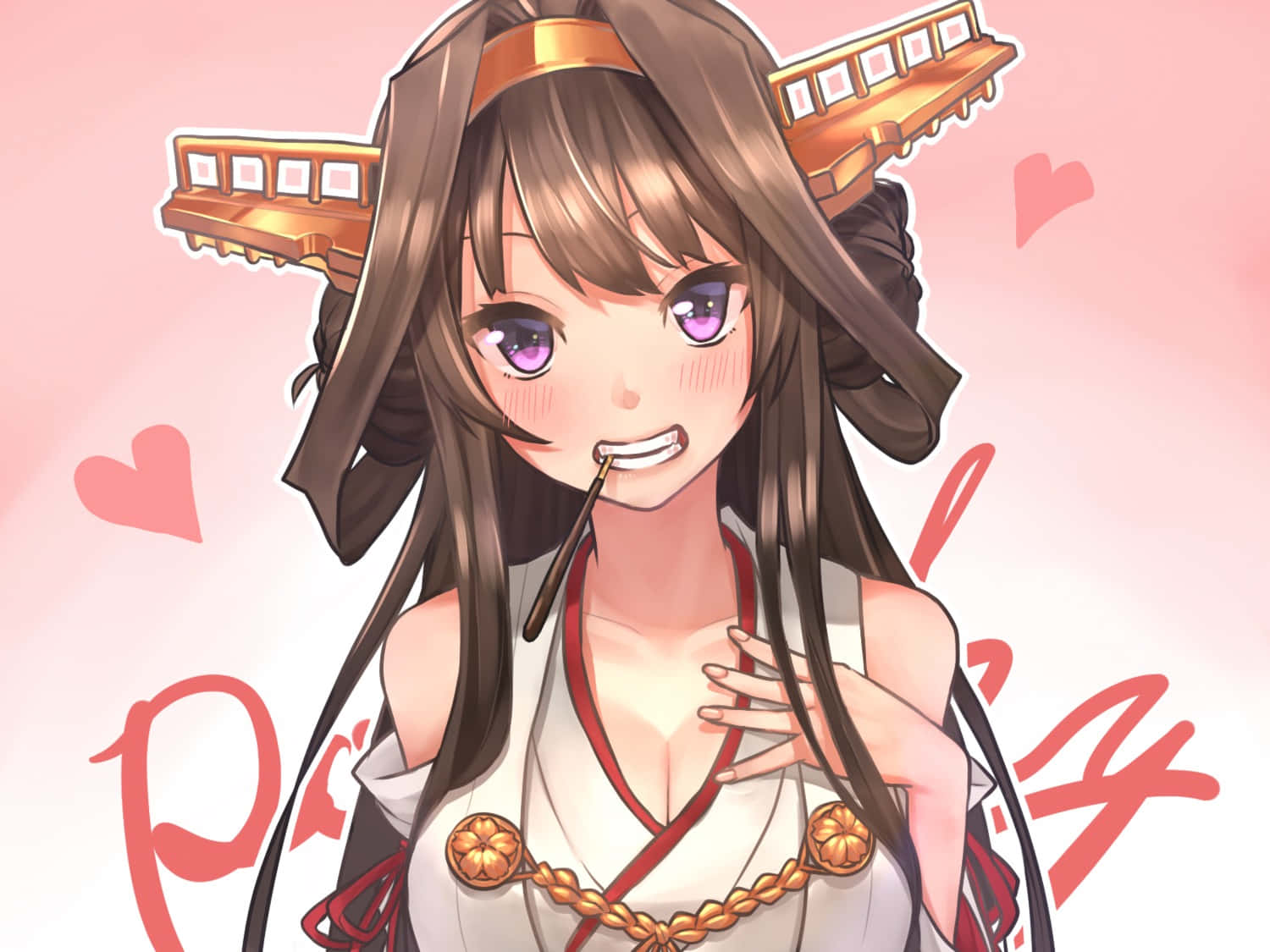 Kantai Collection 桌布 壁紙 — 動漫女孩，棕色頭髮，紫色眼睛，在粉紅色背景的心形圖案中微笑著將筷子放在嘴唇上。