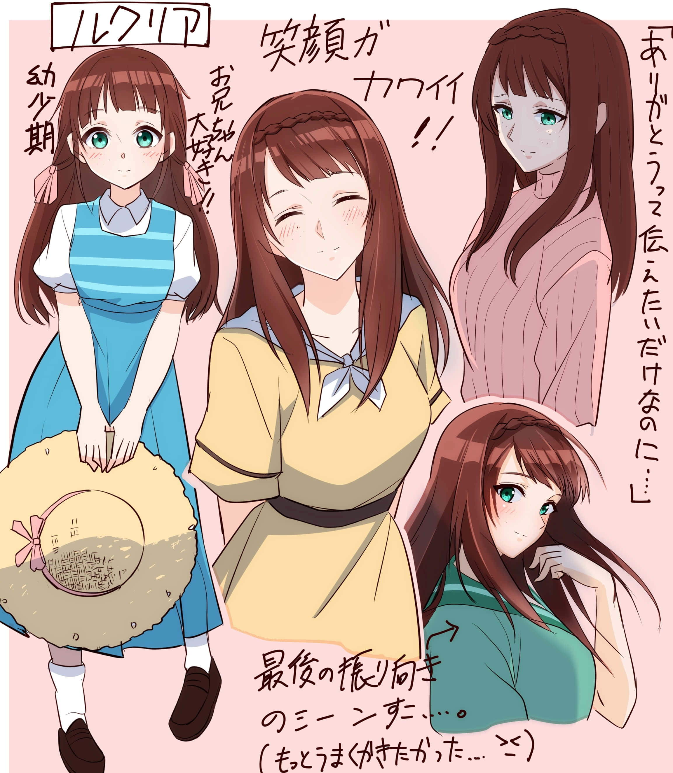 Luculia Marlborough 桌布 壁紙 — 動漫女孩，棕色頭髮，綠色眼睛，以四種不同的服裝和表情展示在柔和的粉紅色背景上，並帶有日文字幕。
