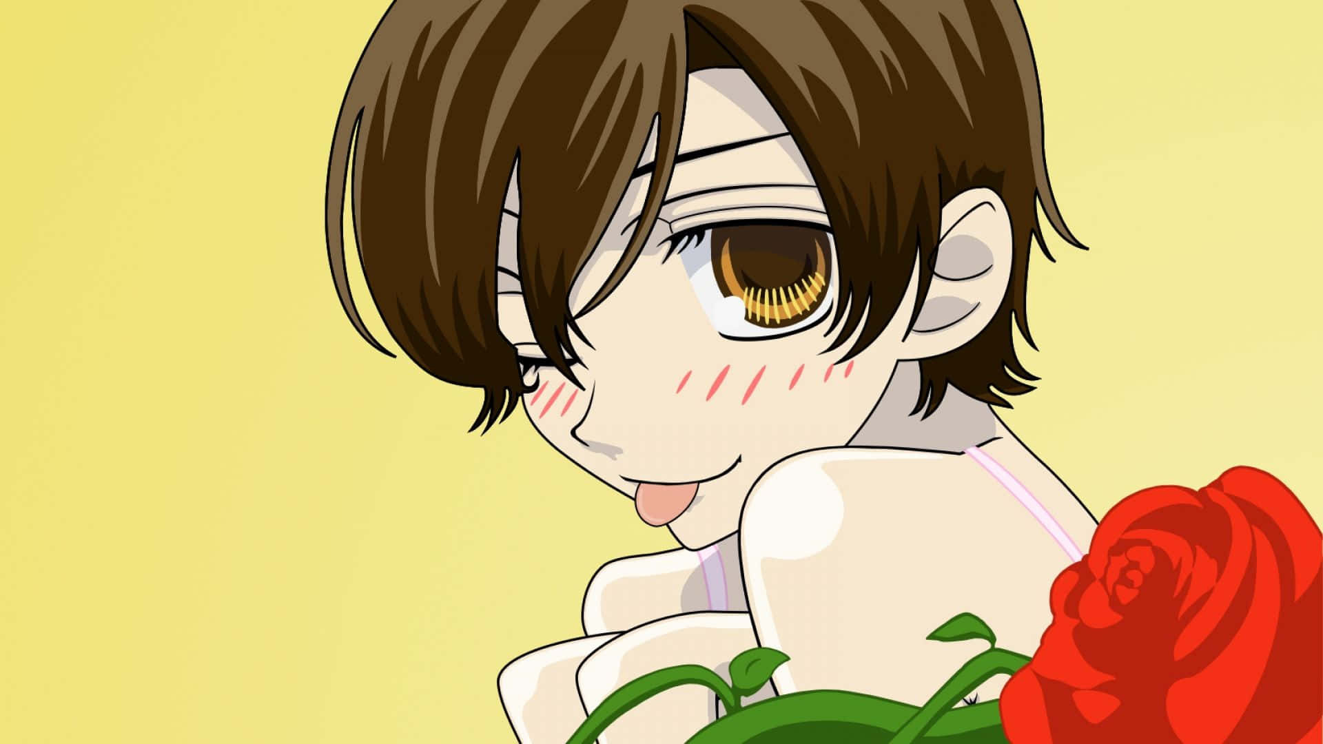 haruhi fujioka 桌布 壁紙 — 動漫女孩，棕色頭髮，金色眼睛，俏皮地伸出舌頭，手持一朵紅玫瑰，背景是柔和的黃色。