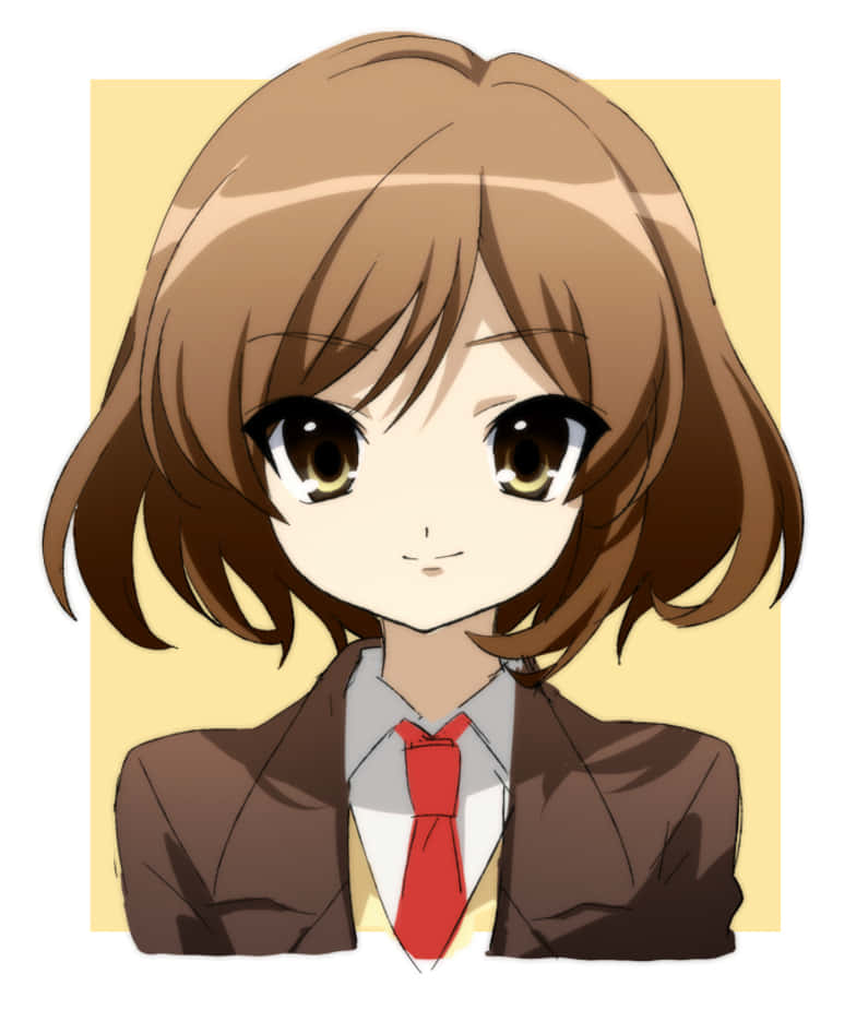Haruhi Sasaki 桌布 壁紙 — 動漫女孩，棕色鮑伯頭，大眼睛，穿著棕色西裝外套、白色襯衫和紅色領帶，背景為柔和黃色。