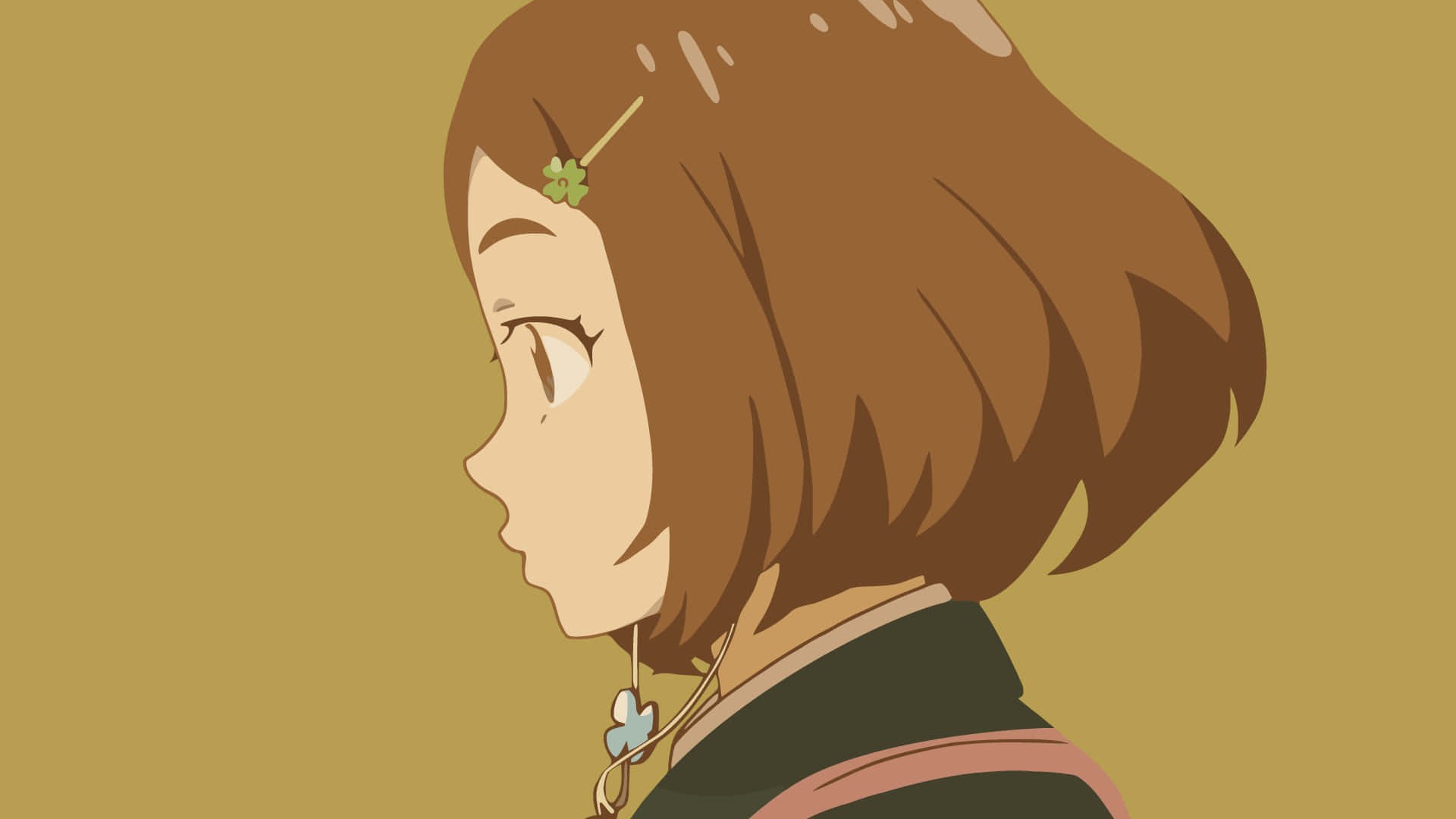 Flcl Alternative 桌布 壁紙 — 動漫女孩，棕色鮑伯頭，戴著三葉草髮夾，在純芥末色背景上側視。