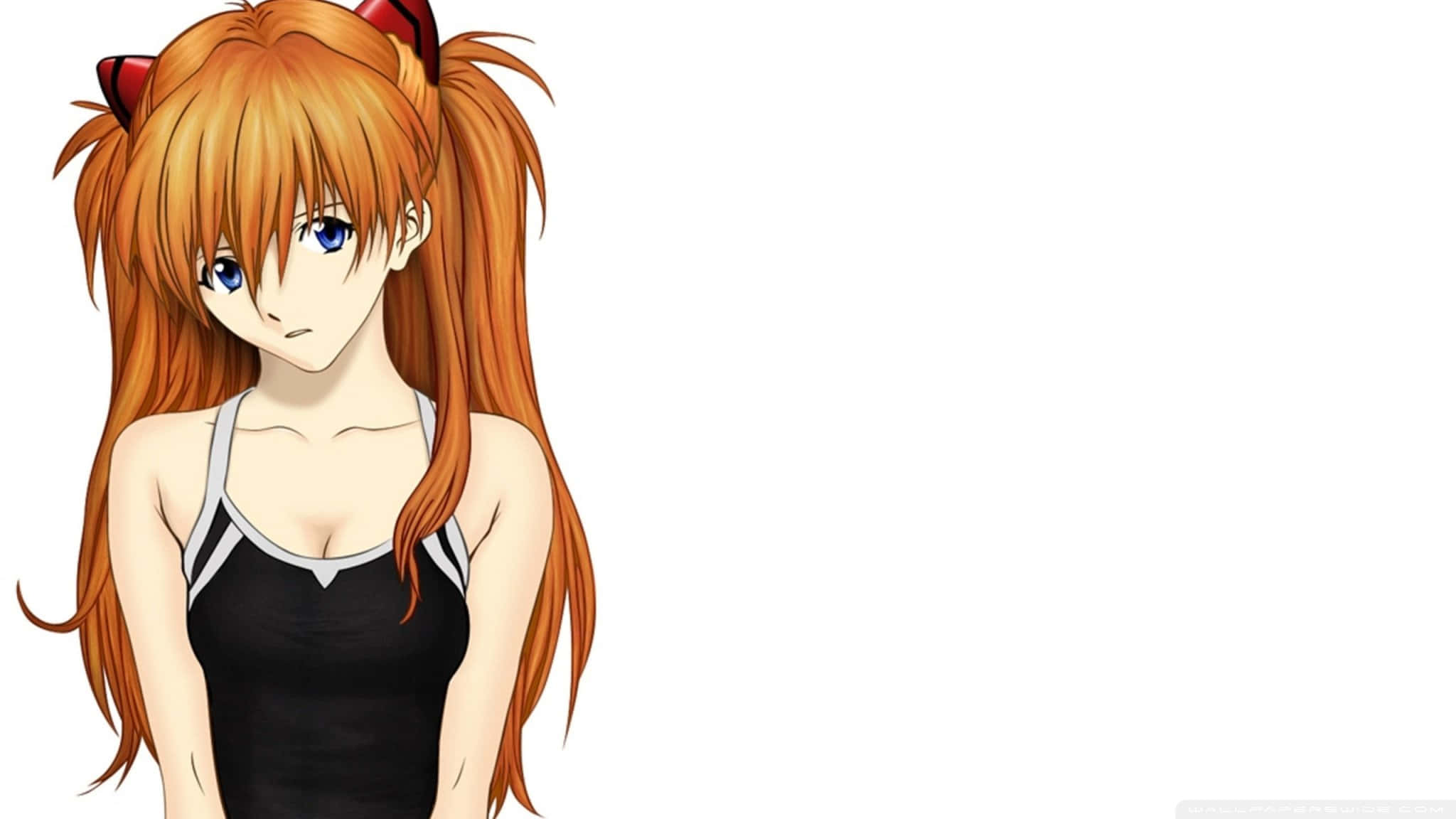Asuka Langley Soryu 桌布 壁紙 — 動漫女孩，橙色雙馬尾，紅色貓耳，身穿黑色背心，背景為純白色。